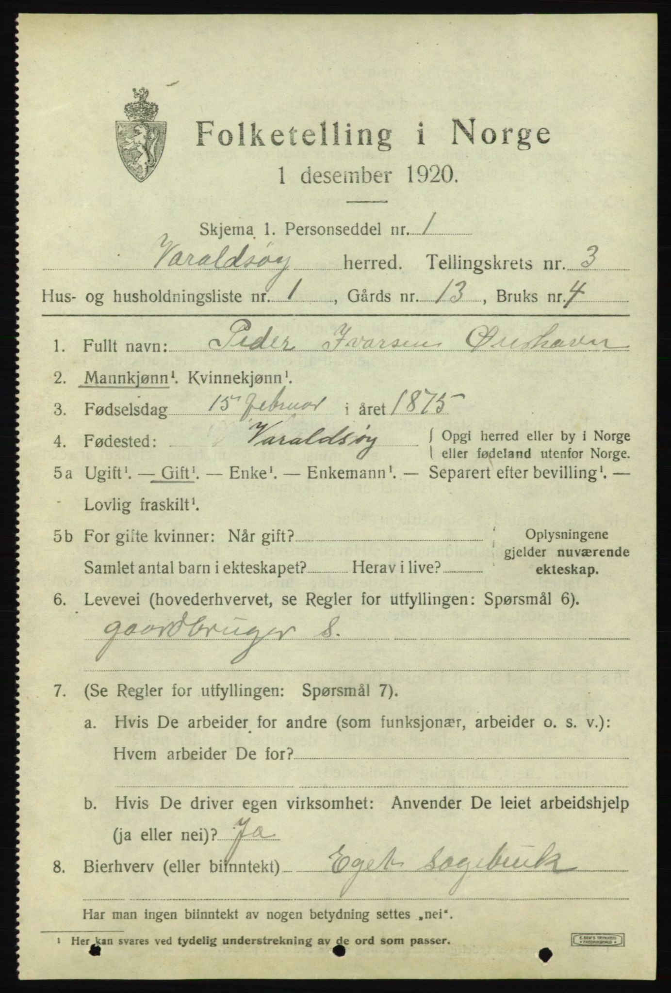 SAB, 1920 census for Varaldsøy, 1920, p. 1261