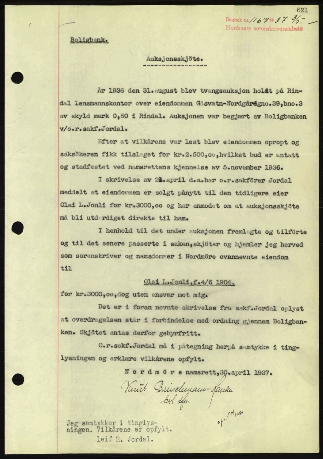 Nordmøre sorenskriveri, AV/SAT-A-4132/1/2/2Ca: Mortgage book no. A81, 1937-1937, Diary no: : 1167/1937