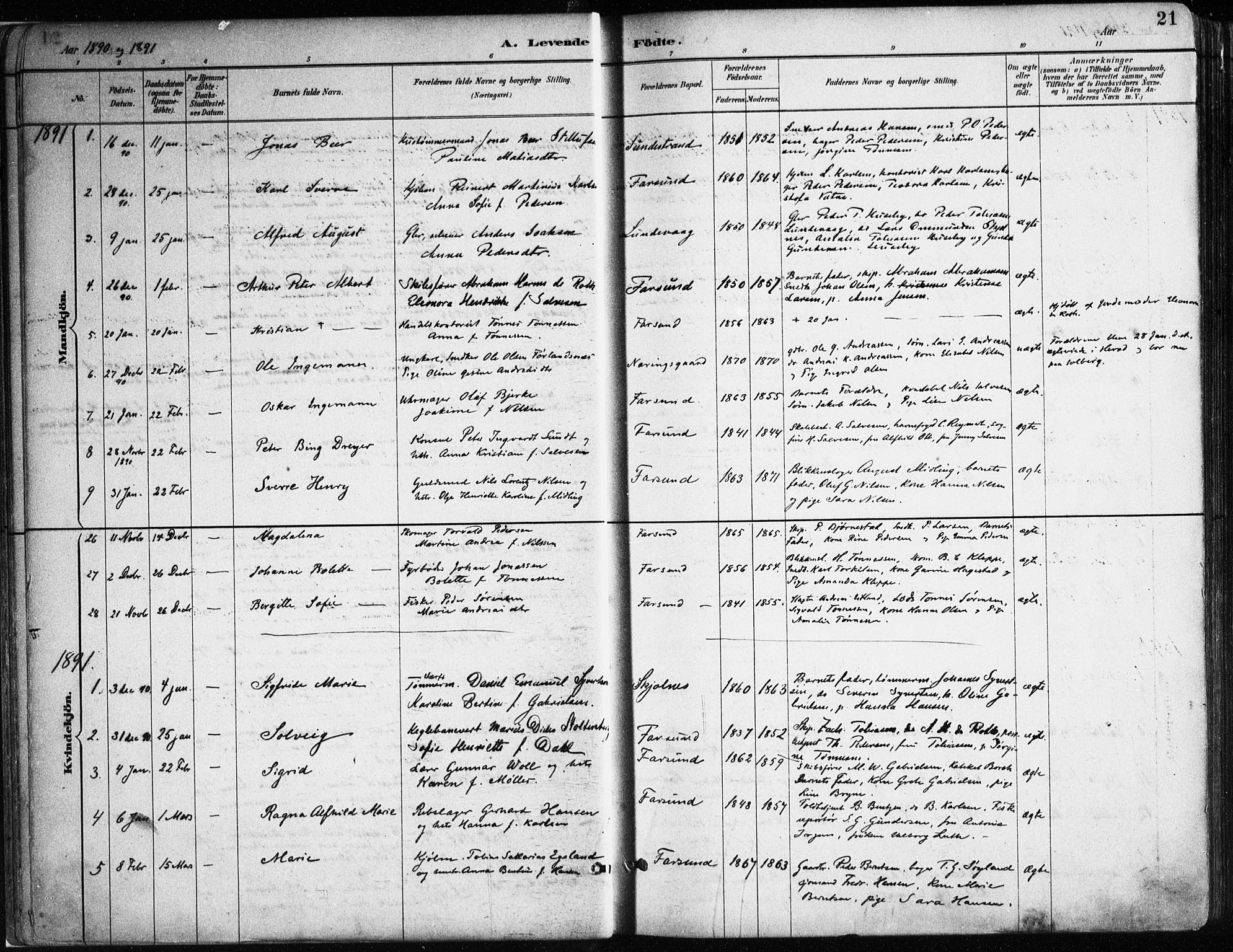 Farsund sokneprestkontor, AV/SAK-1111-0009/F/Fa/L0006: Parish register (official) no. A 6, 1887-1920, p. 21