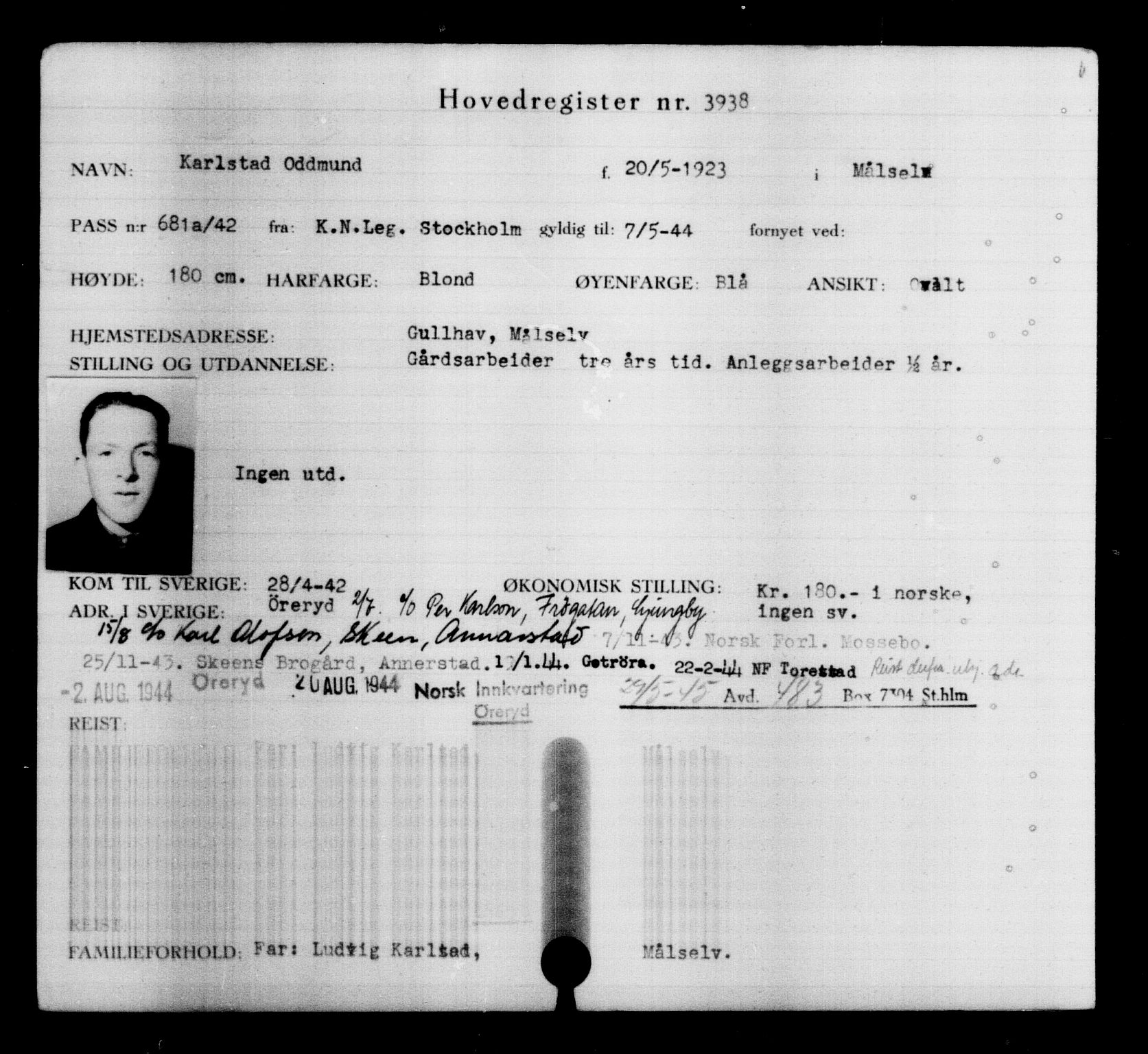 Utenriksstasjonene, Legasjonen i Stockholm, Flyktningkontoret, AV/RA-S-6753/V/Va/L0004: Kjesäterkartoteket, flyktninger med registreringsnr. 3496-6610, 1940-1945, p. 521