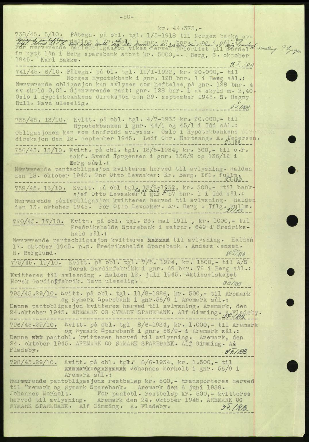 Idd og Marker sorenskriveri, AV/SAO-A-10283/G/Gb/Gbc/L0002: Mortgage book no. B4-9a, 1939-1945, Diary no: : 738/1945