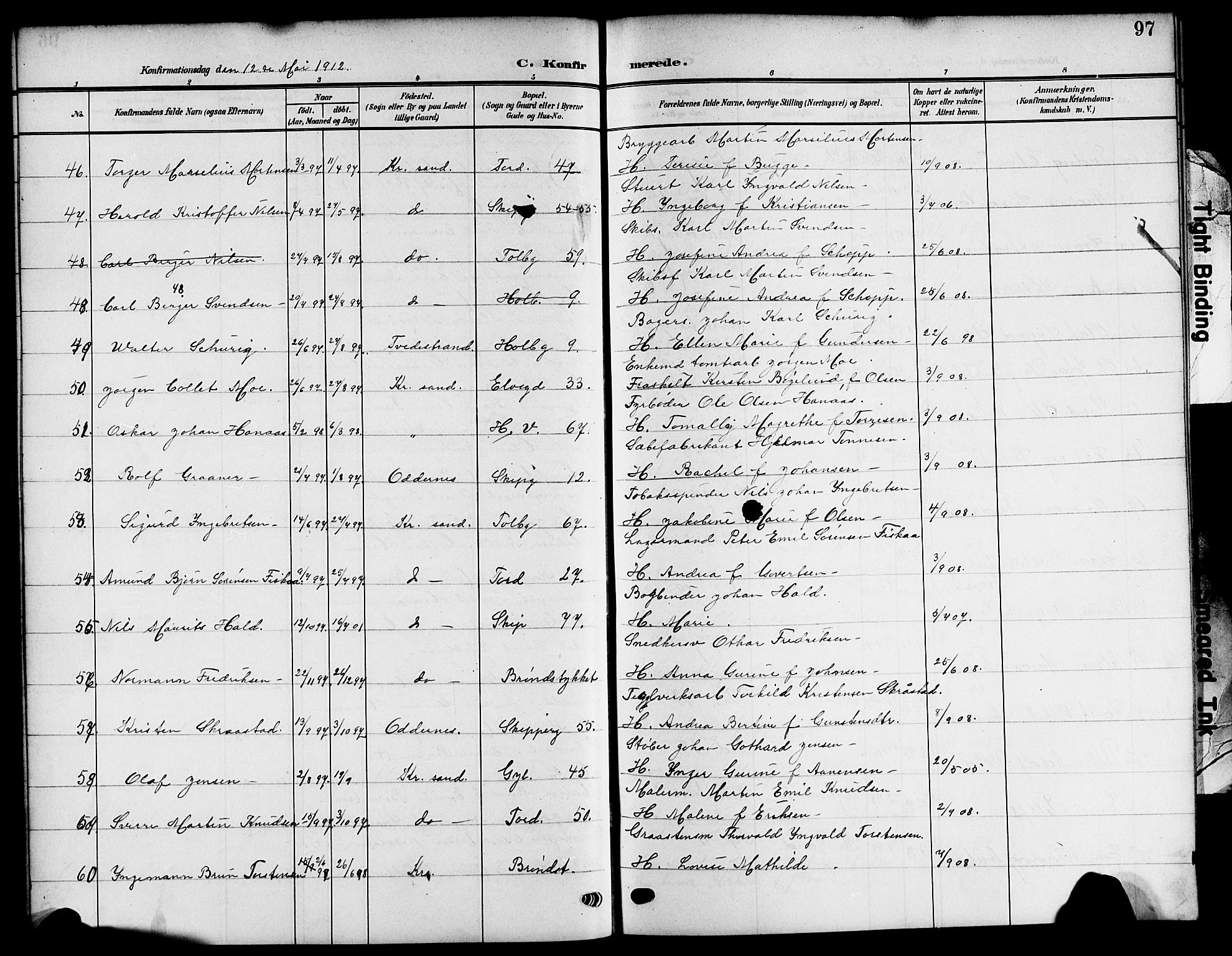 Kristiansand domprosti, SAK/1112-0006/F/Fb/L0020: Parish register (copy) no. B 20, 1906-1915, p. 97