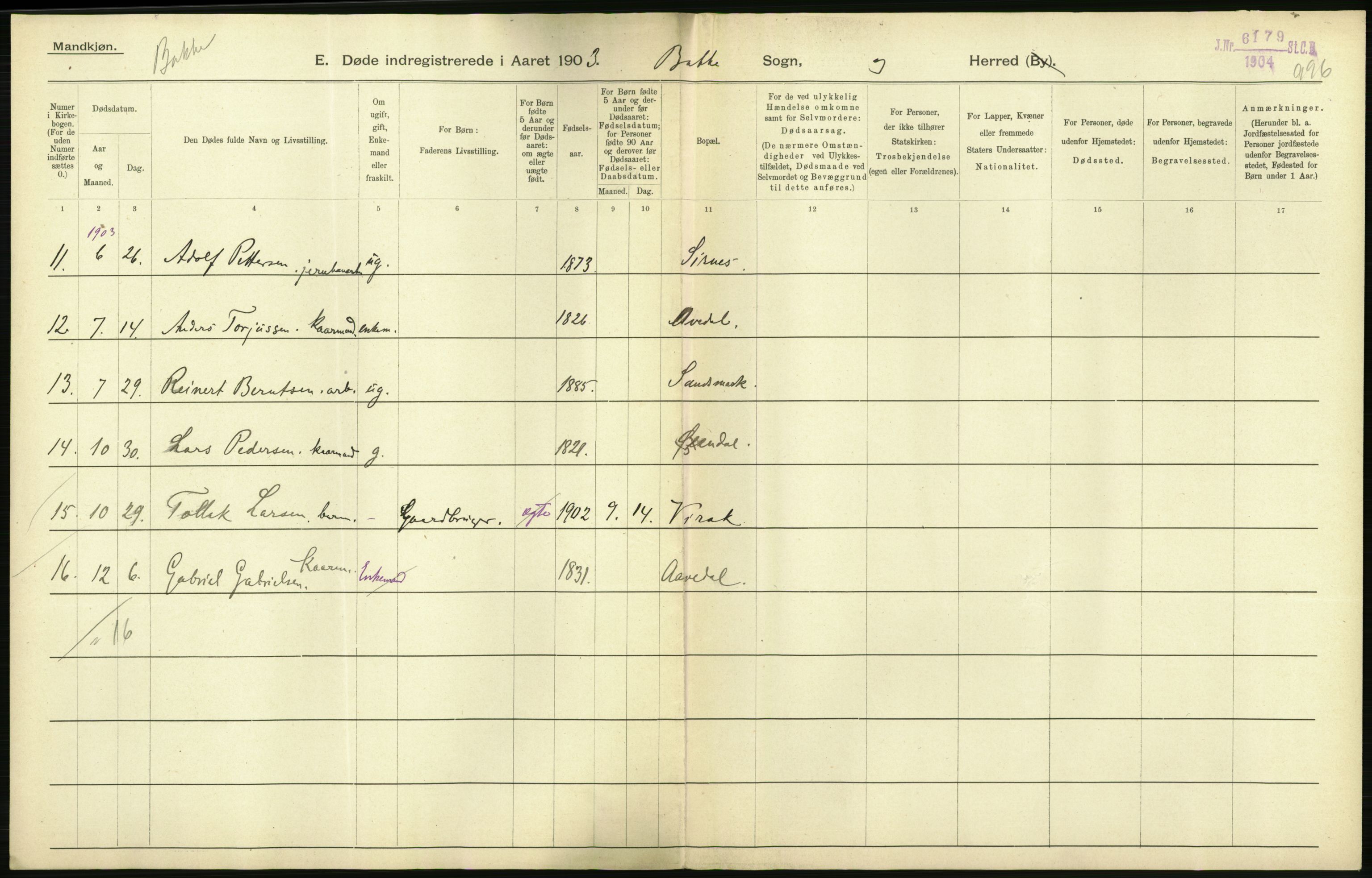 Statistisk sentralbyrå, Sosiodemografiske emner, Befolkning, AV/RA-S-2228/D/Df/Dfa/Dfaa/L0011: Lister og Mandal amt: Fødte, gifte, døde, 1903, p. 372