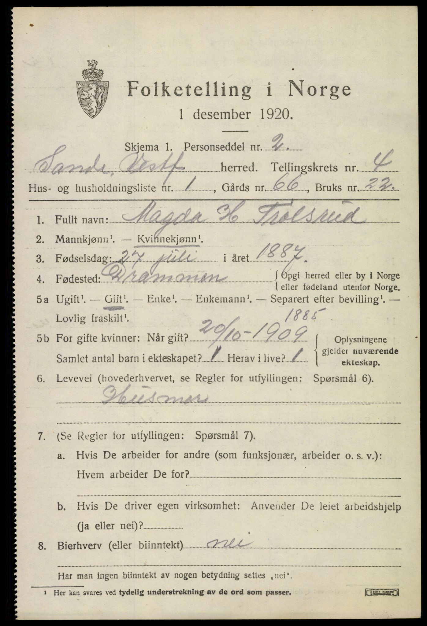 SAKO, 1920 census for Sande, 1920, p. 5616