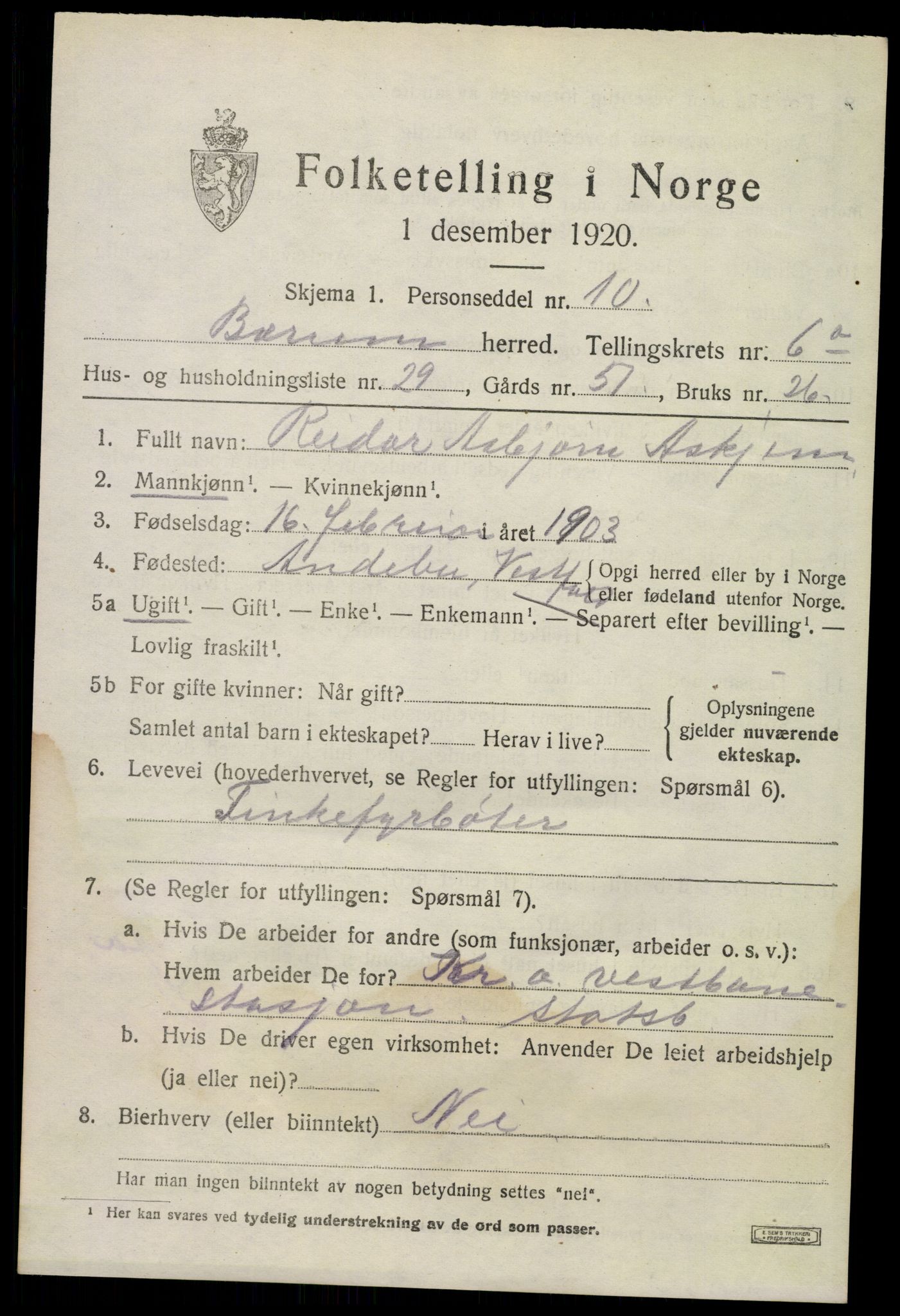 SAO, 1920 census for Bærum, 1920, p. 12904