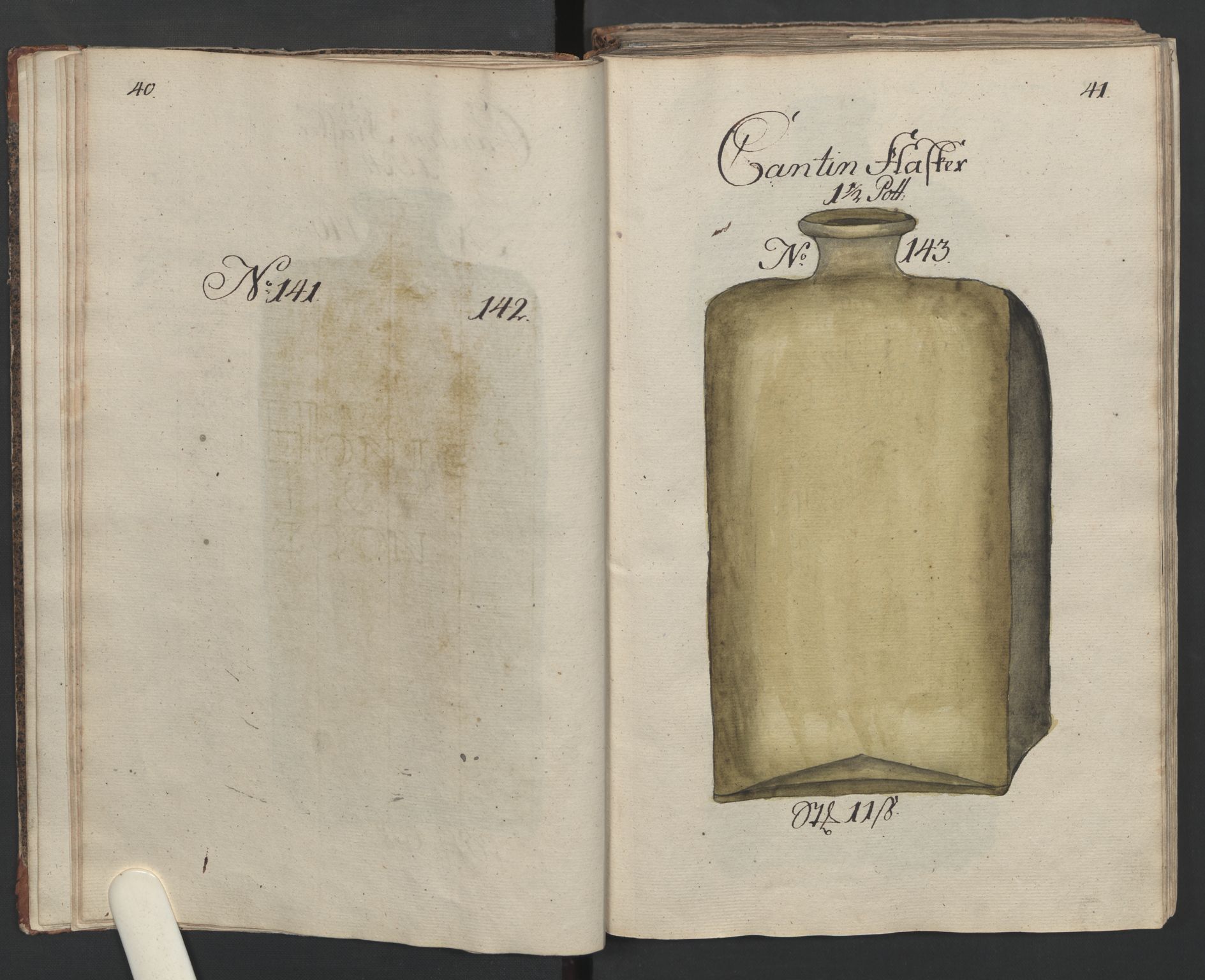Glassverk, samlinger, AV/RA-PA-0001/F/Fa/L0036: Modellbok for Nøstetangens og Aas' produkter med prisangivelse,, 1763, p. 40-41