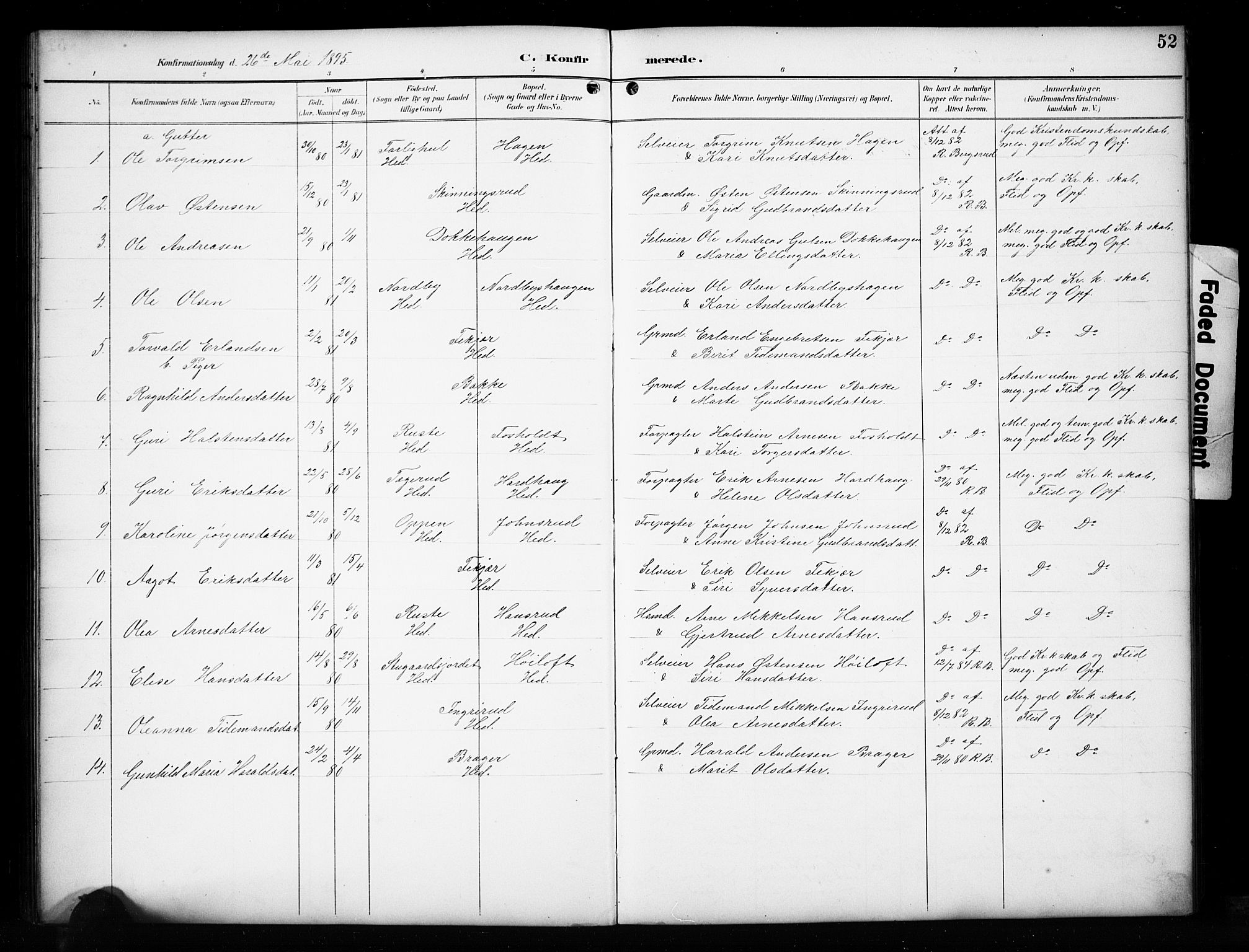 Sør-Aurdal prestekontor, SAH/PREST-128/H/Ha/Hab/L0017: Parish register (copy) no. 17, 1894-1923, p. 52