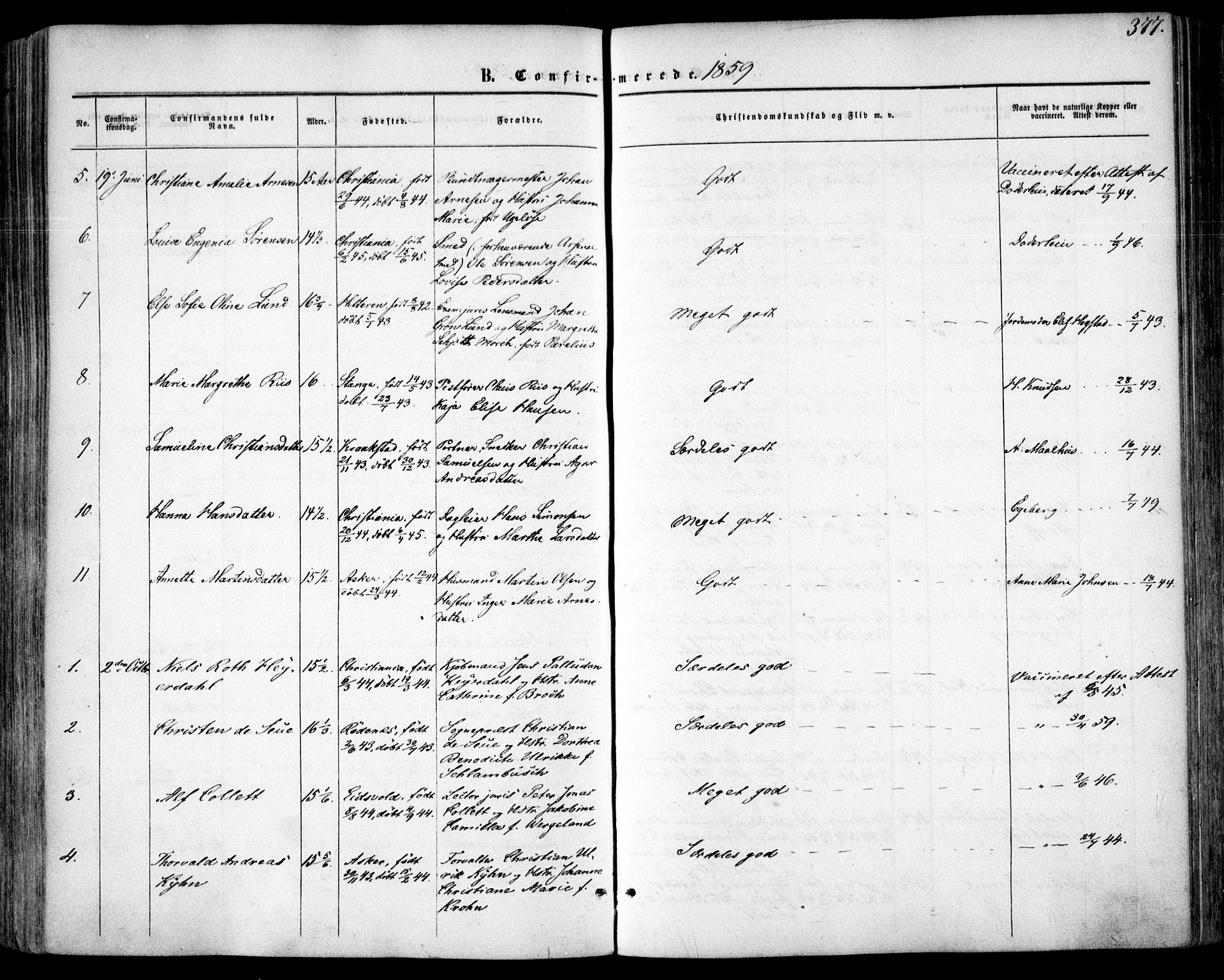 Oslo domkirke Kirkebøker, SAO/A-10752/F/Fa/L0015: Parish register (official) no. 15, 1857-1871, p. 377