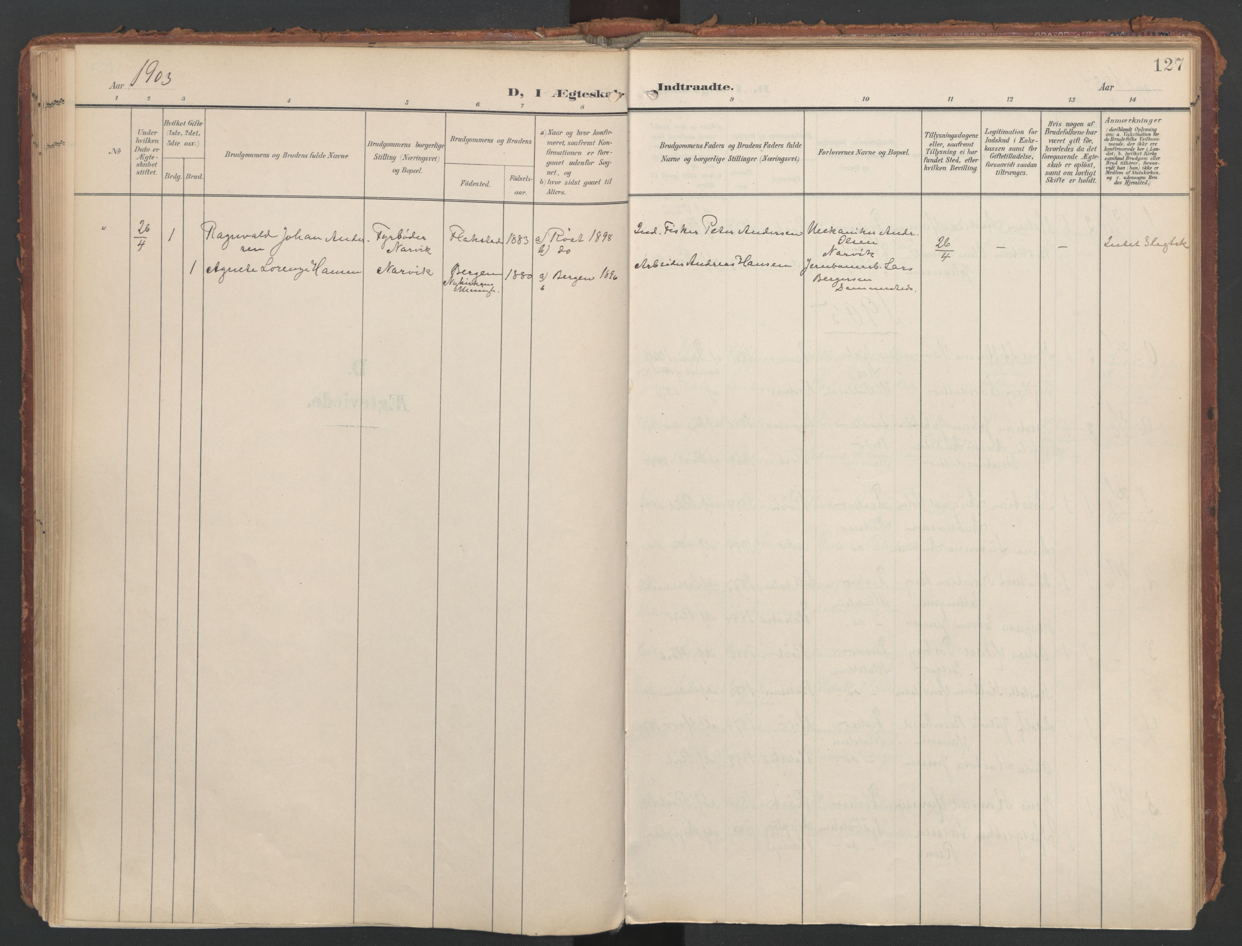 Ministerialprotokoller, klokkerbøker og fødselsregistre - Nordland, AV/SAT-A-1459/808/L0129: Parish register (official) no. 808A02, 1903-1931, p. 127