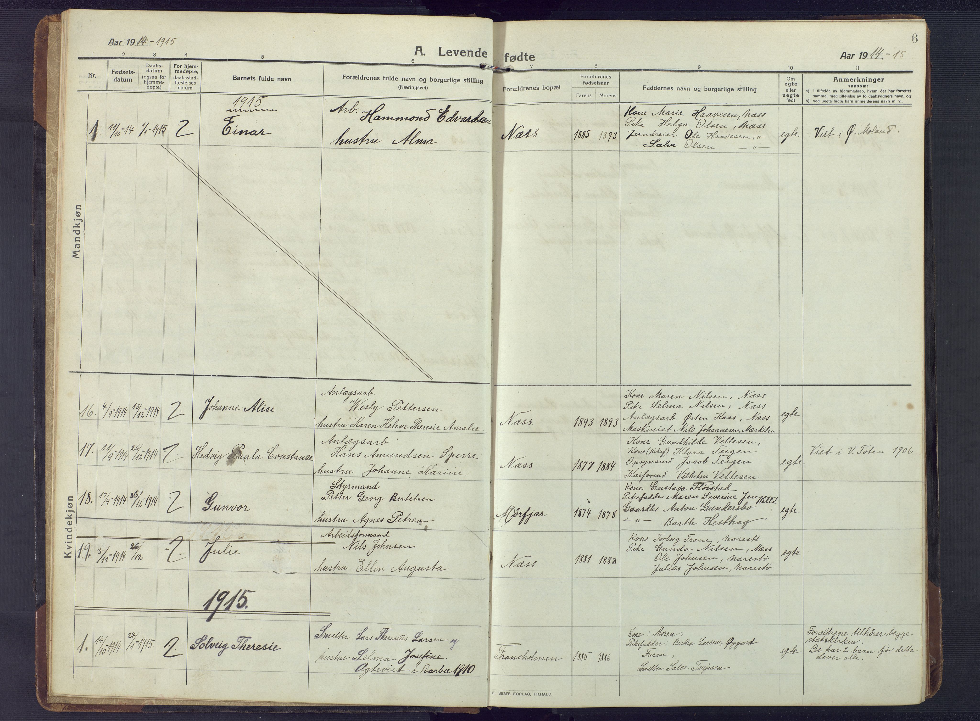 Austre Moland sokneprestkontor, SAK/1111-0001/F/Fb/Fbb/L0004: Parish register (copy) no. B 4, 1914-1929, p. 6