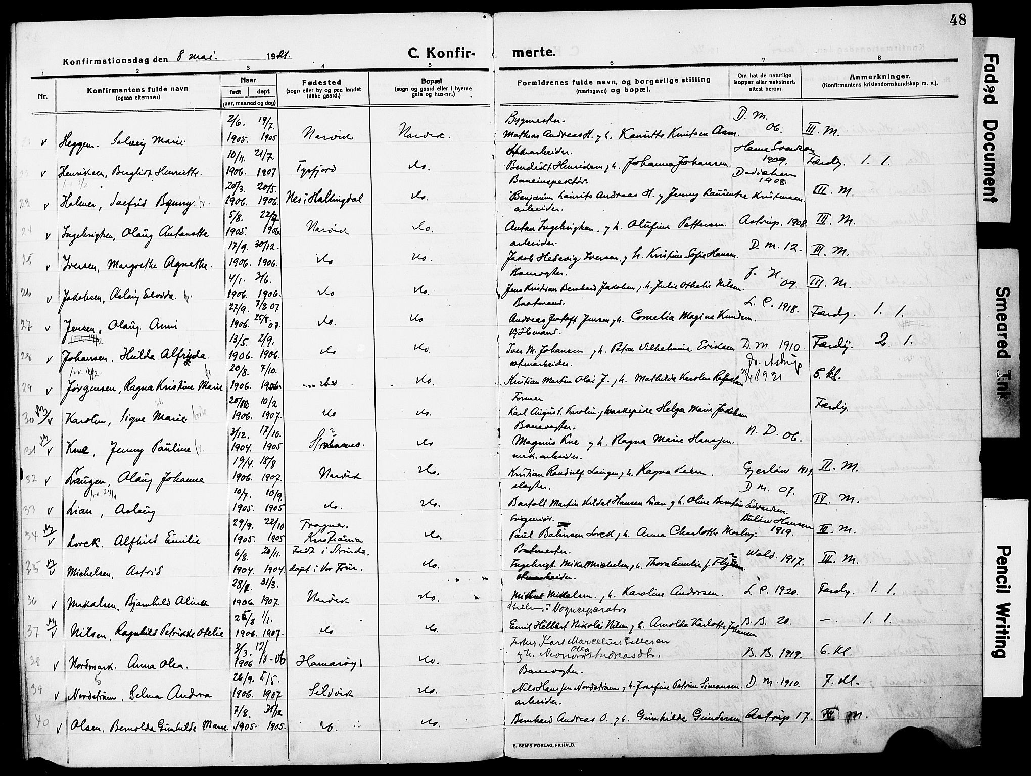 Ministerialprotokoller, klokkerbøker og fødselsregistre - Nordland, AV/SAT-A-1459/871/L0989: Parish register (official) no. 871A05, 1915-1922, p. 48