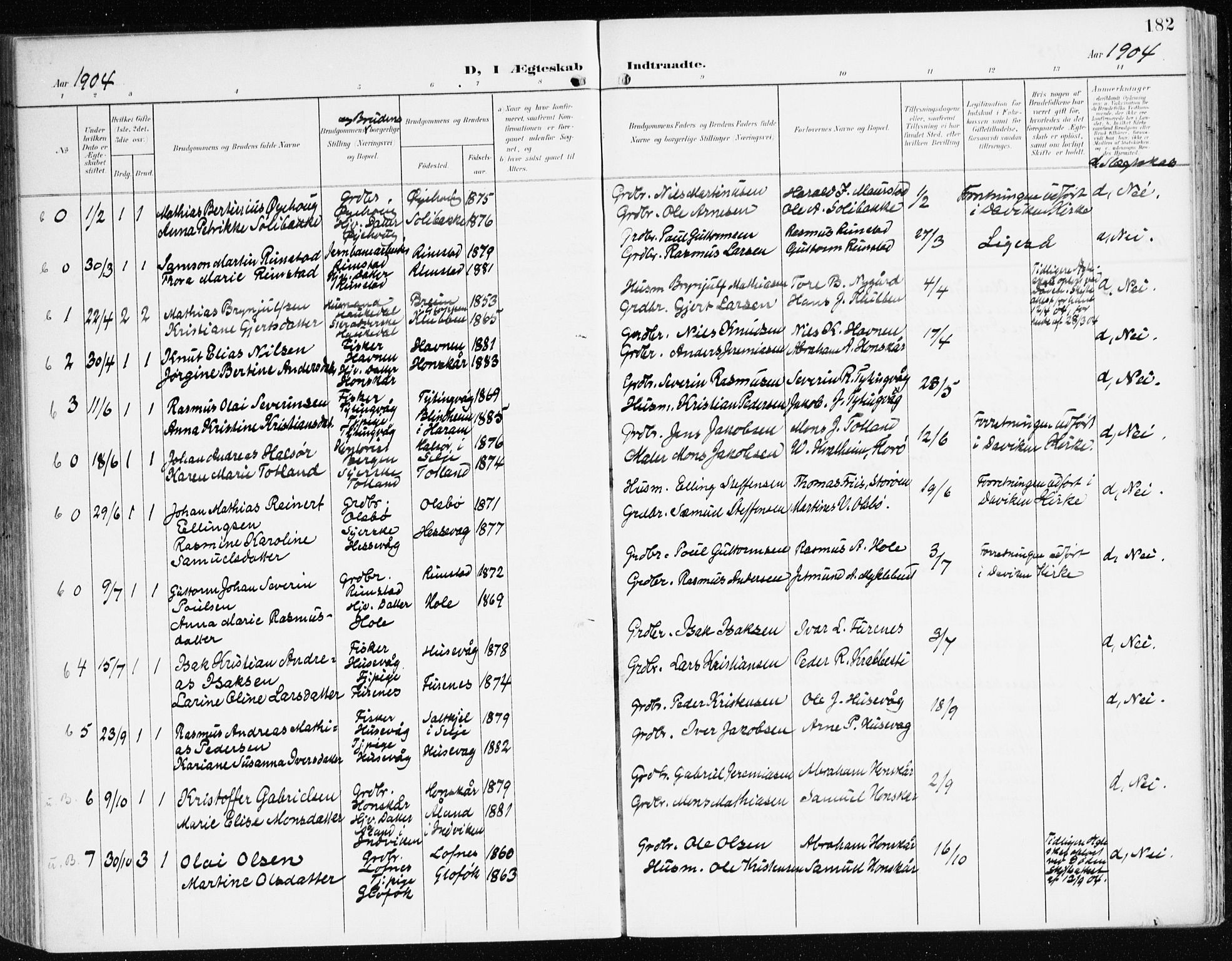 Davik sokneprestembete, AV/SAB-A-79701/H/Haa/Haad/L0002: Parish register (official) no. D 2, 1901-1930, p. 182