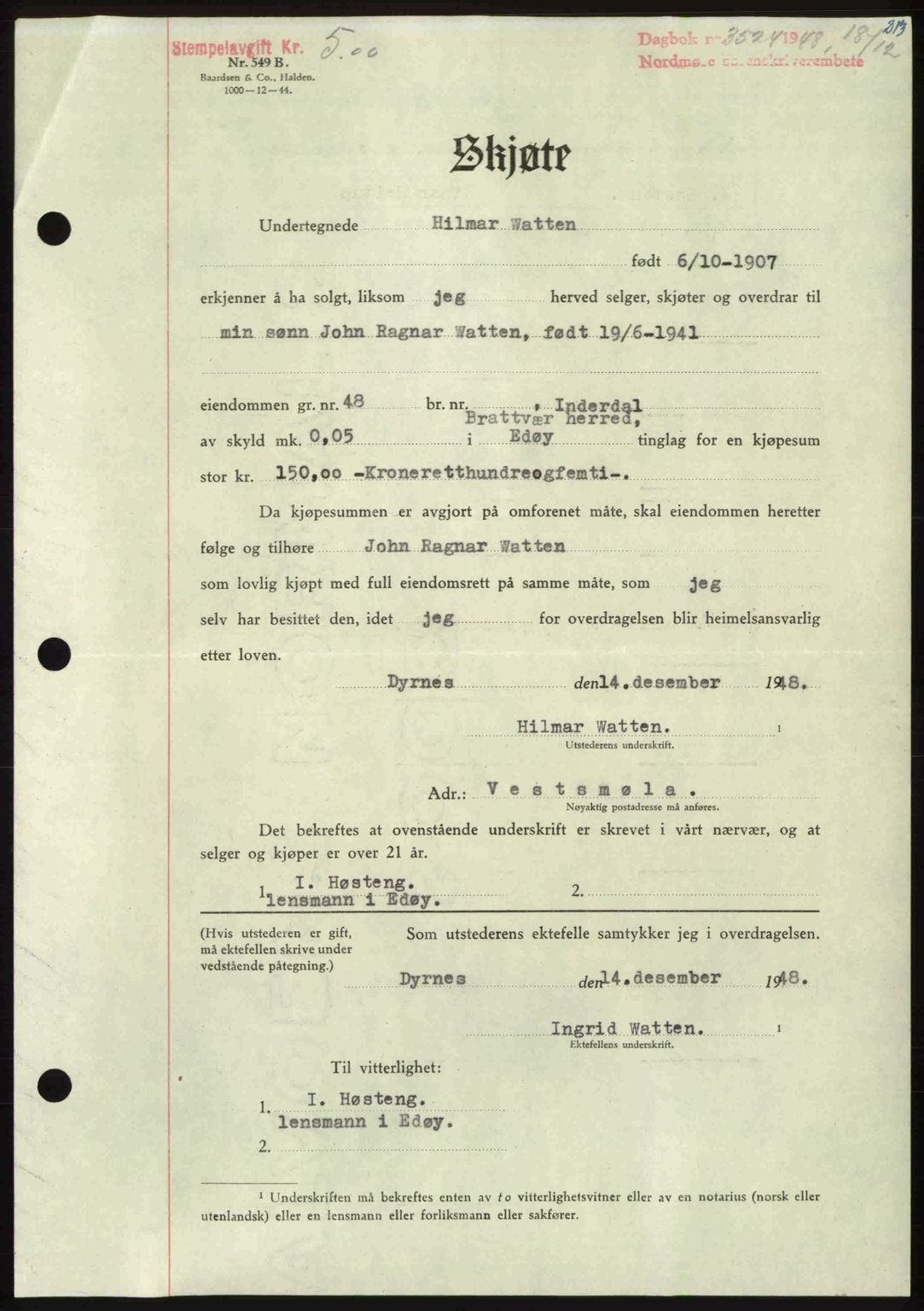 Nordmøre sorenskriveri, AV/SAT-A-4132/1/2/2Ca: Mortgage book no. A110, 1948-1949, Diary no: : 3524/1948