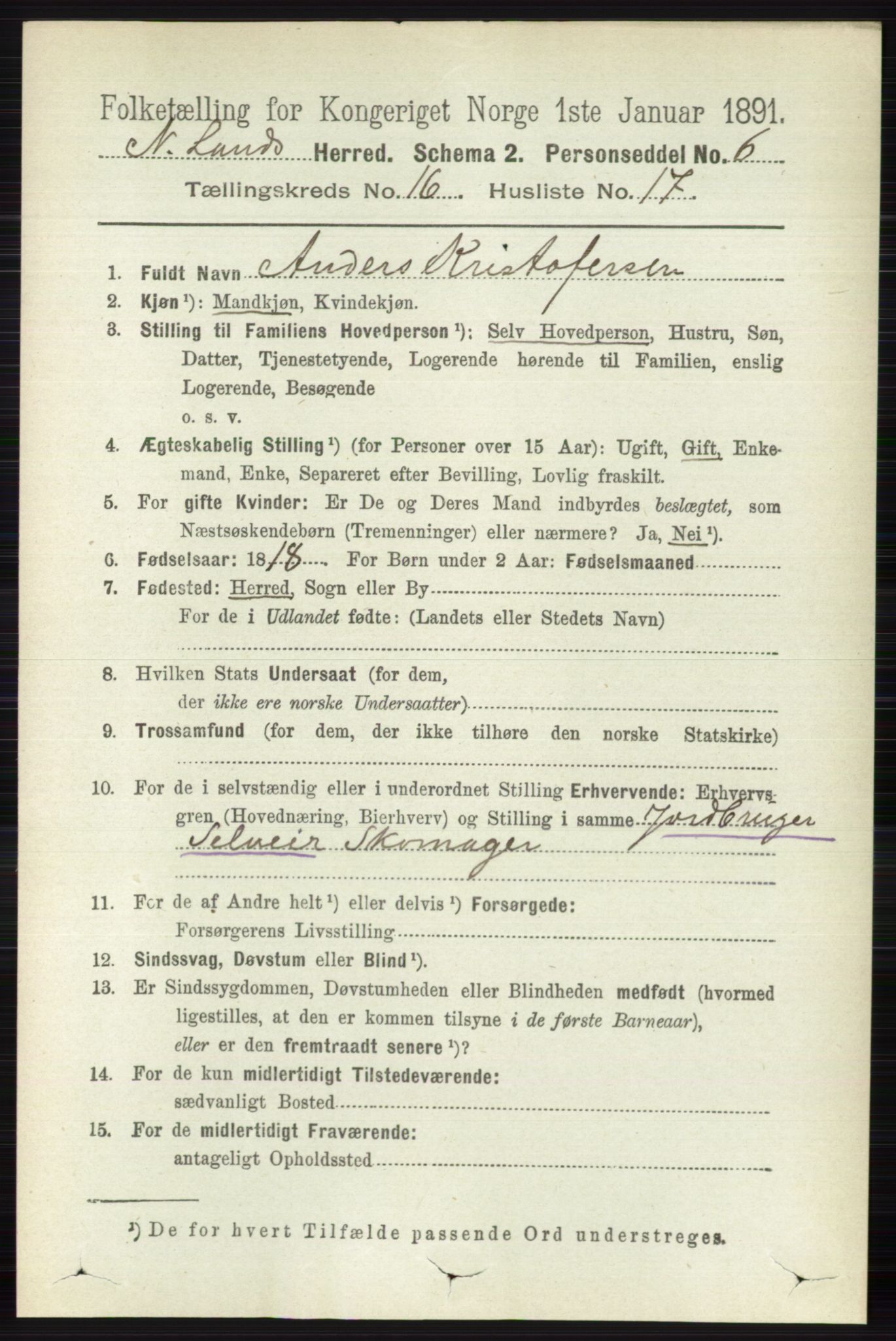 RA, 1891 census for 0538 Nordre Land, 1891, p. 4232