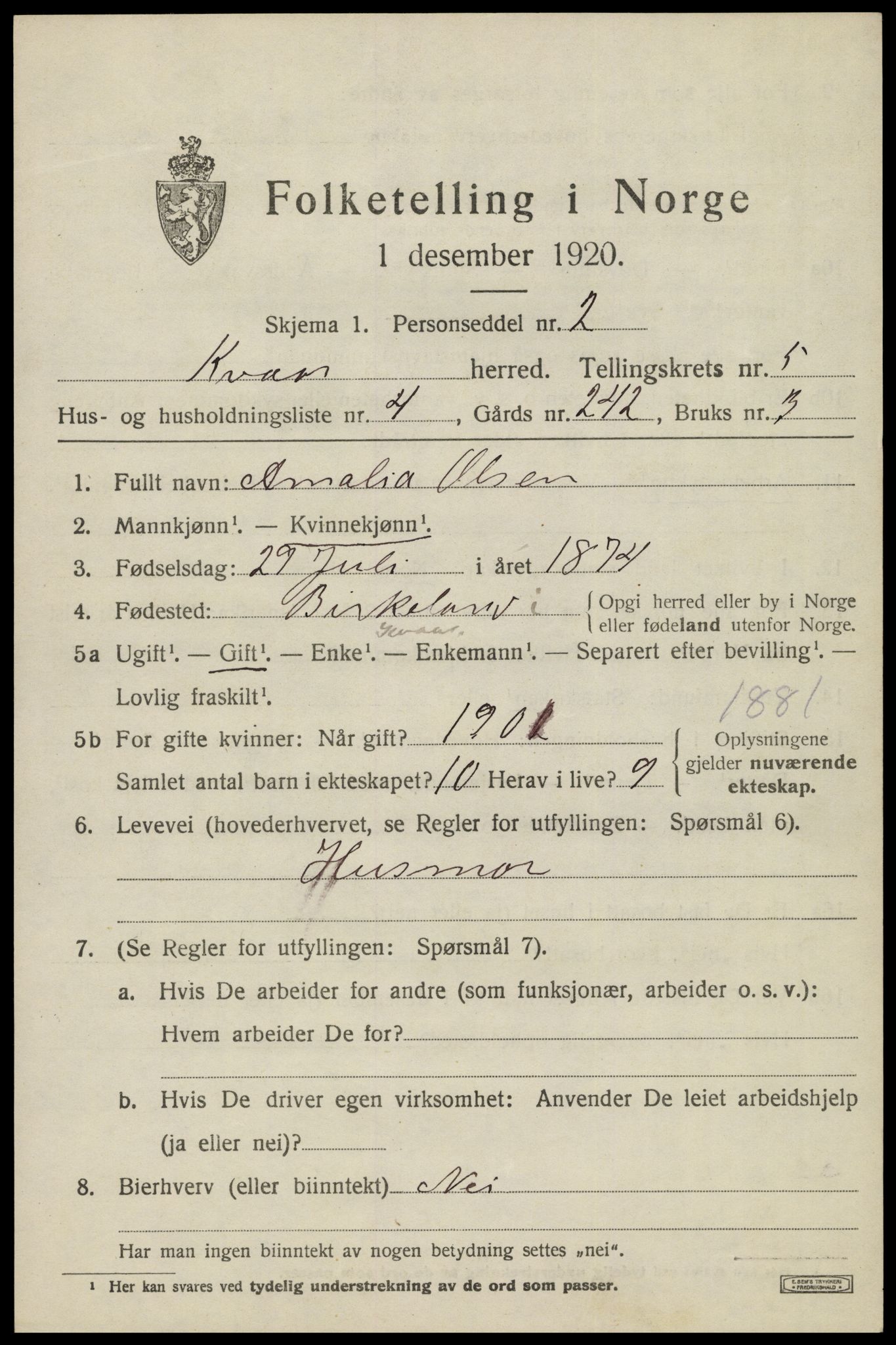 SAK, 1920 census for Kvås, 1920, p. 1314