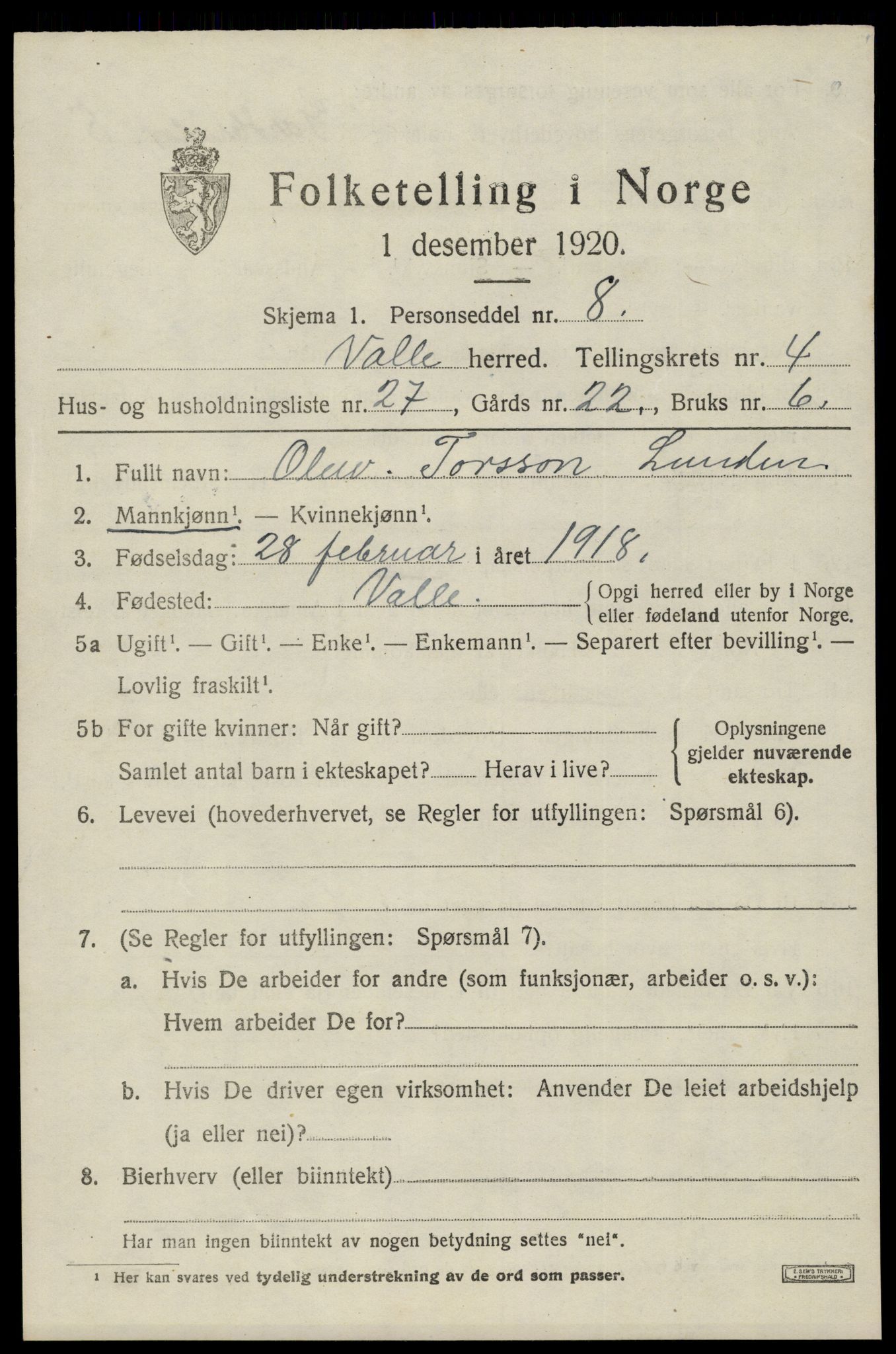 SAK, 1920 census for Valle, 1920, p. 2309