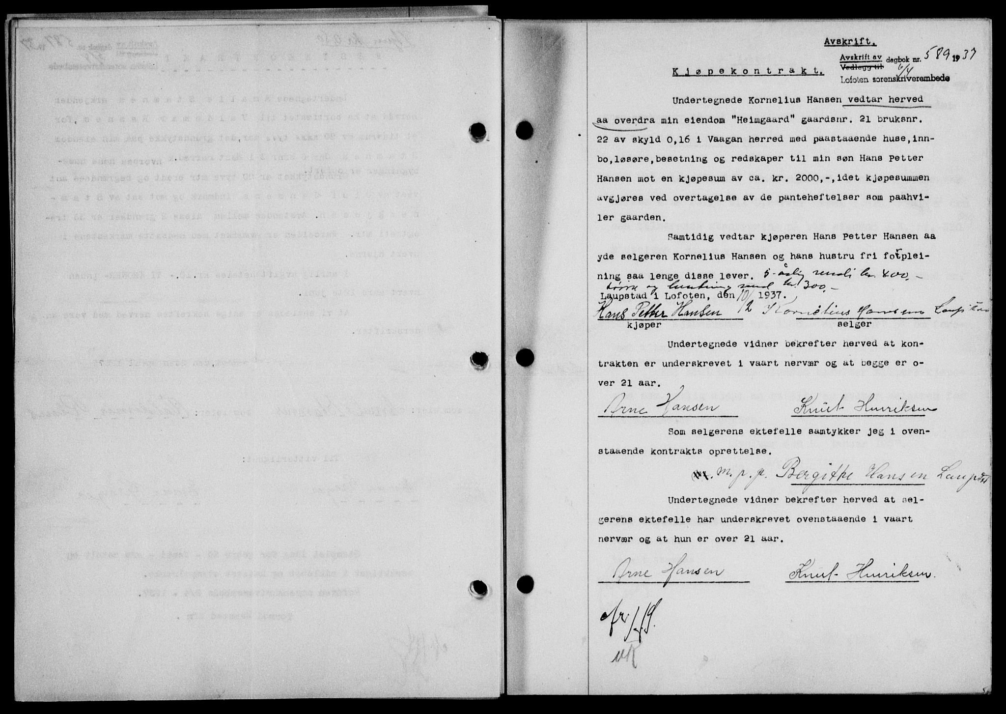 Lofoten sorenskriveri, SAT/A-0017/1/2/2C/L0002a: Mortgage book no. 2a, 1937-1937, Diary no: : 589/1937