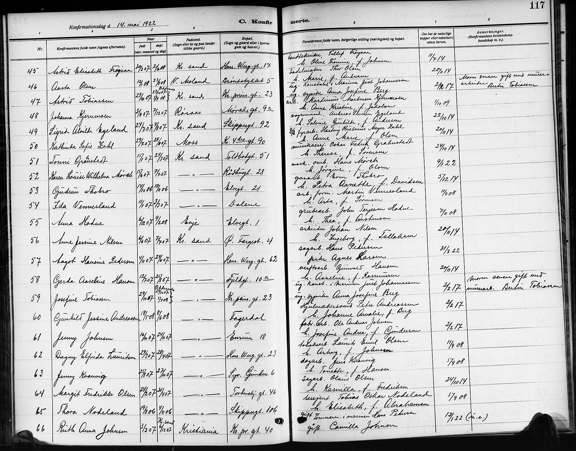 Kristiansand domprosti, AV/SAK-1112-0006/F/Fb/L0022: Parish register (copy) no. B 22, 1915-1925, p. 117