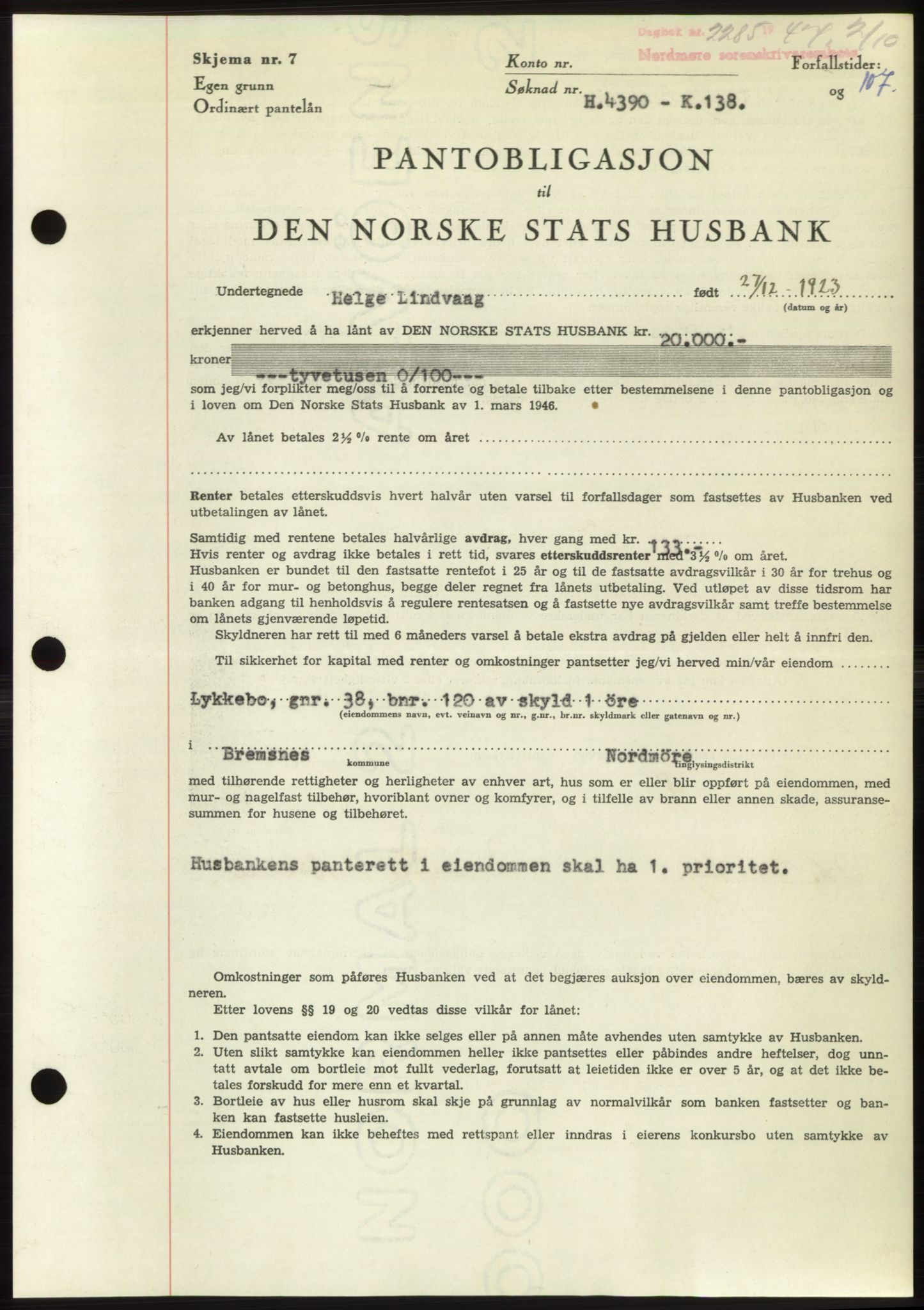 Nordmøre sorenskriveri, AV/SAT-A-4132/1/2/2Ca: Mortgage book no. B97, 1947-1948, Diary no: : 2285/1947