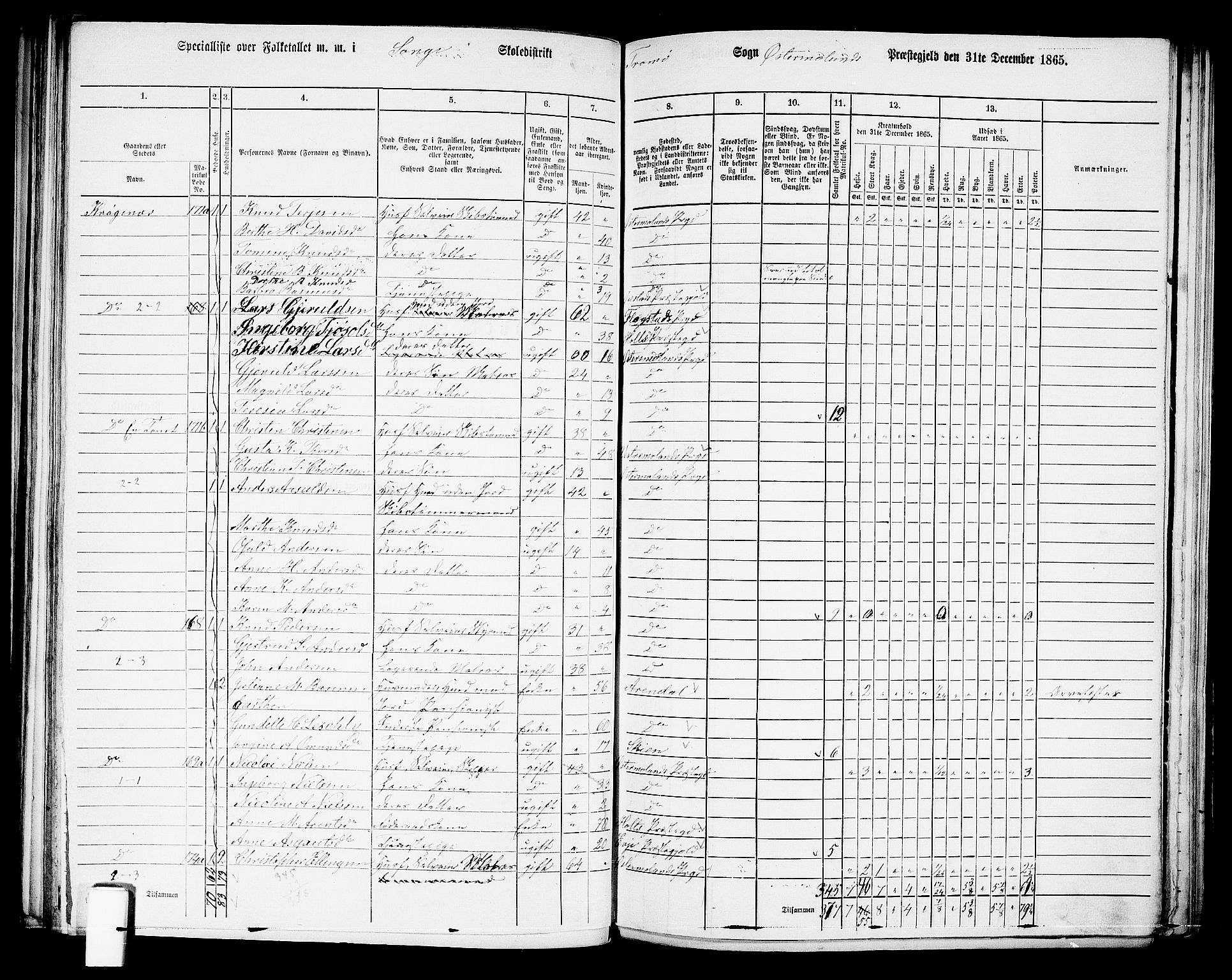 RA, 1865 census for Austre Moland, 1865, p. 165