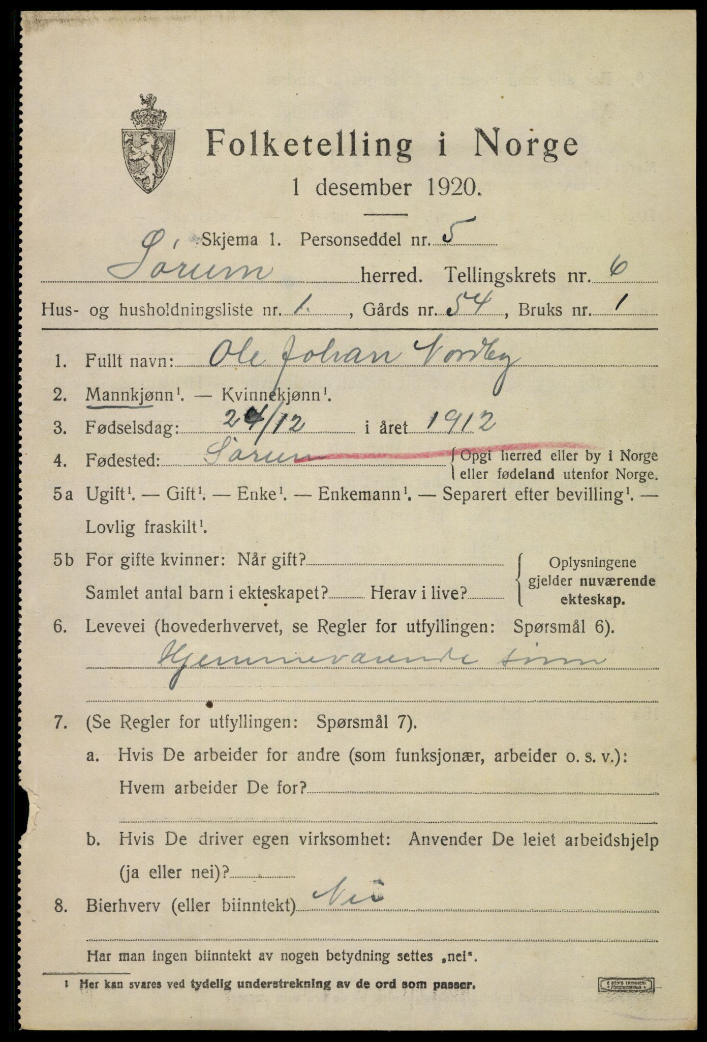 SAO, 1920 census for Sørum, 1920, p. 5455