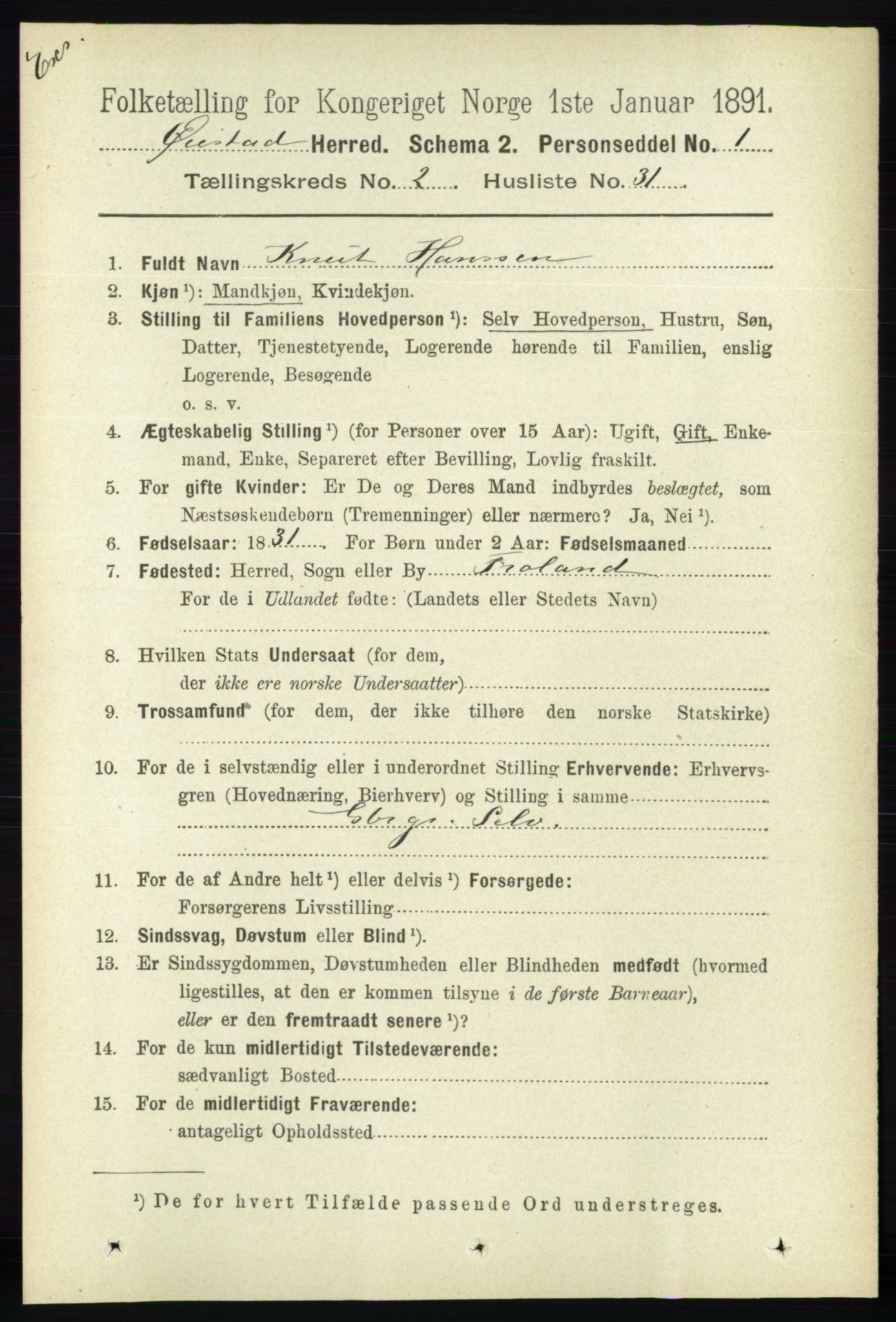 RA, Census 1891 for Nedenes amt: Gjenparter av personsedler for beslektede ektefeller, menn, 1891, p. 623