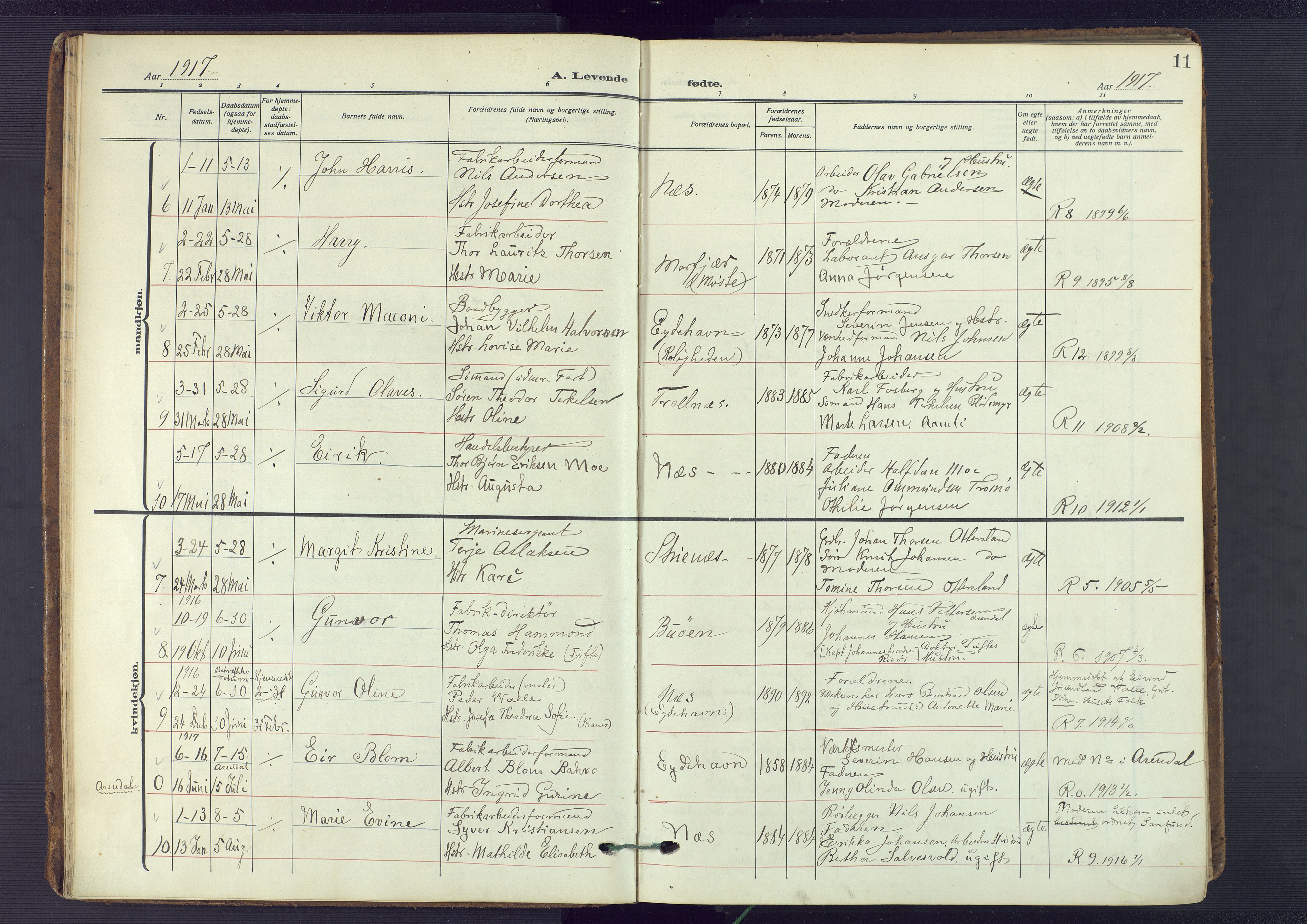 Austre Moland sokneprestkontor, AV/SAK-1111-0001/F/Fa/Fab/L0003: Parish register (official) no. A 3, 1914-1927, p. 11