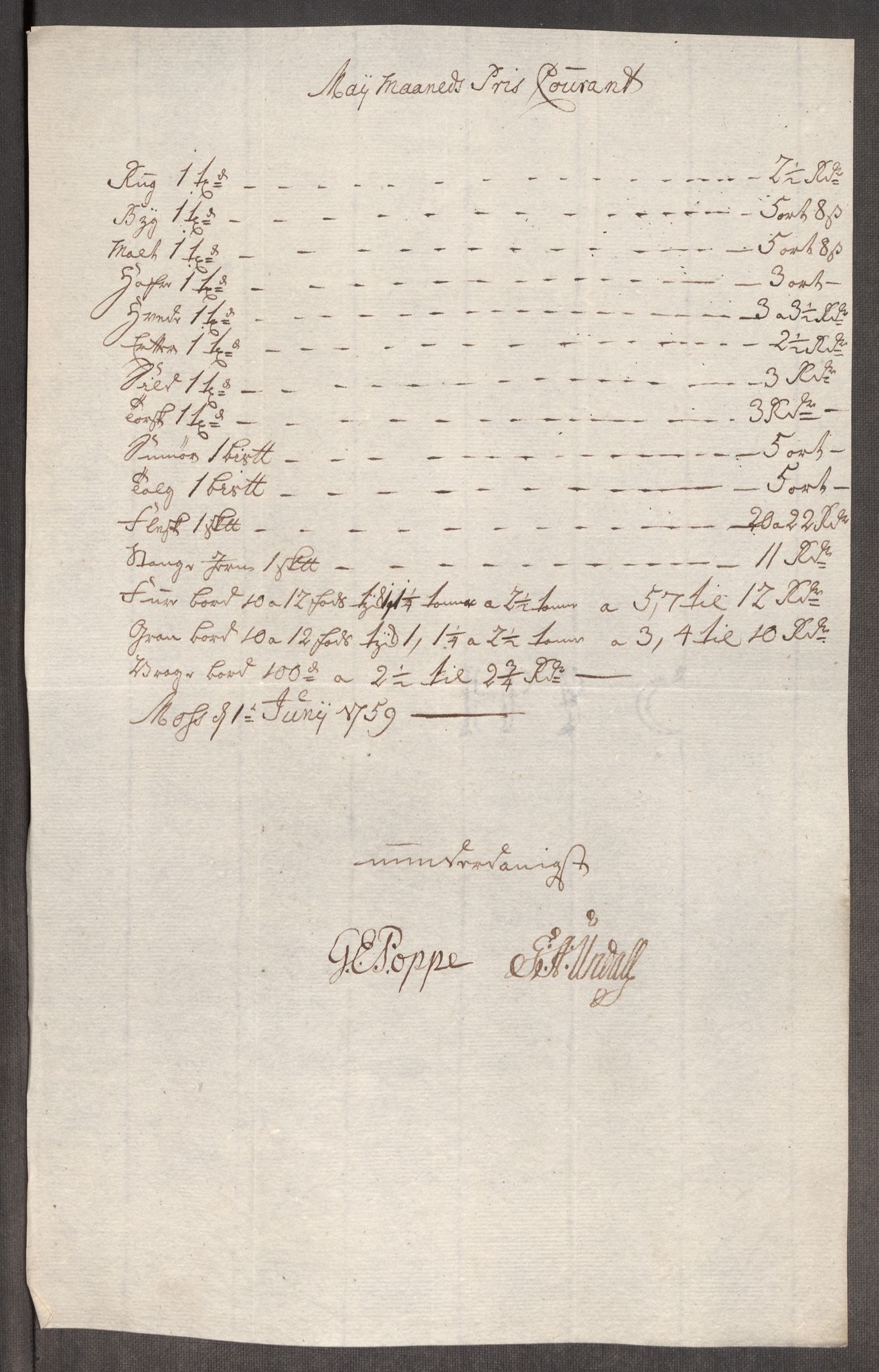 Rentekammeret inntil 1814, Realistisk ordnet avdeling, AV/RA-EA-4070/Oe/L0006: [Ø1]: Priskuranter, 1758-1760, p. 399