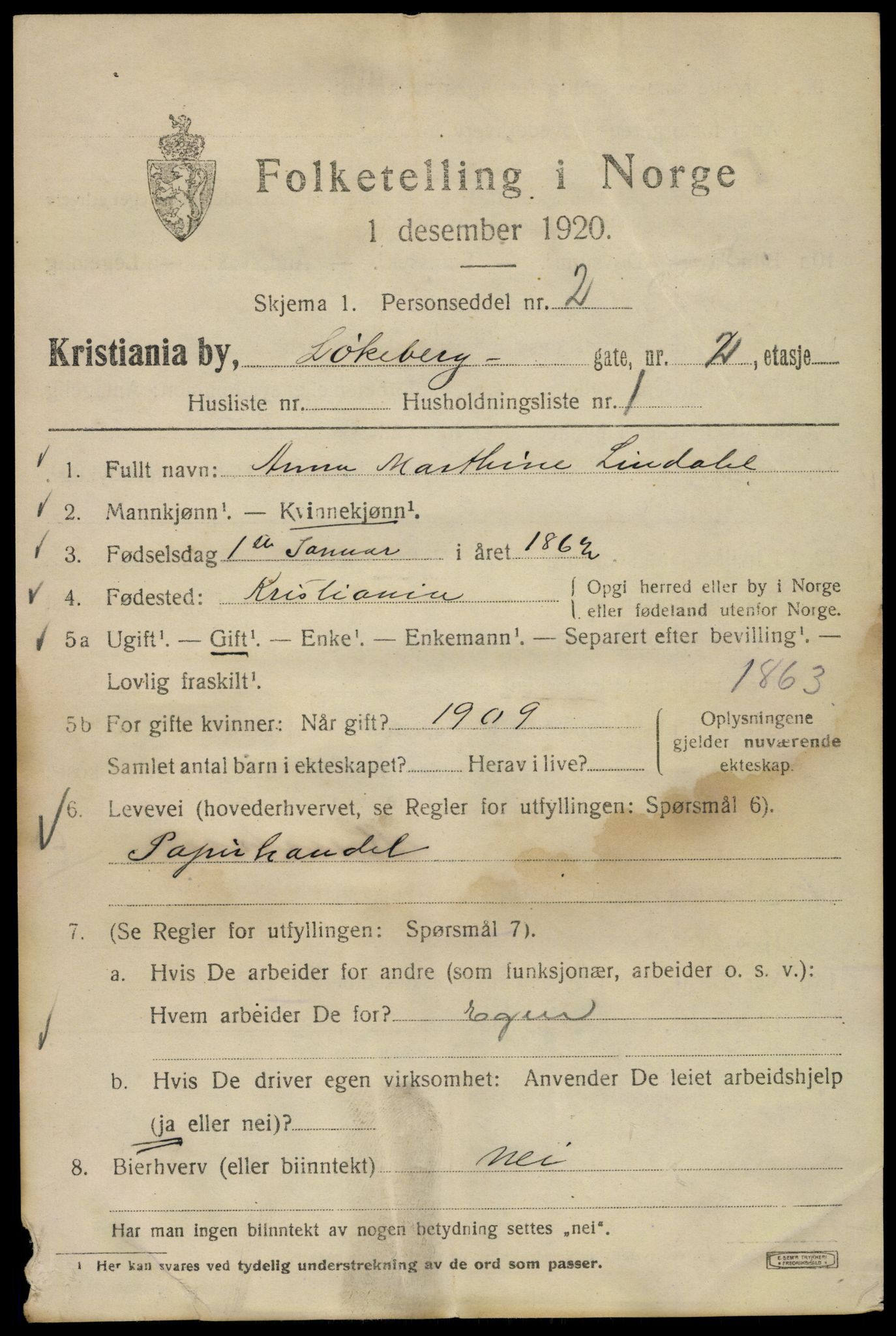 SAO, 1920 census for Kristiania, 1920, p. 366933