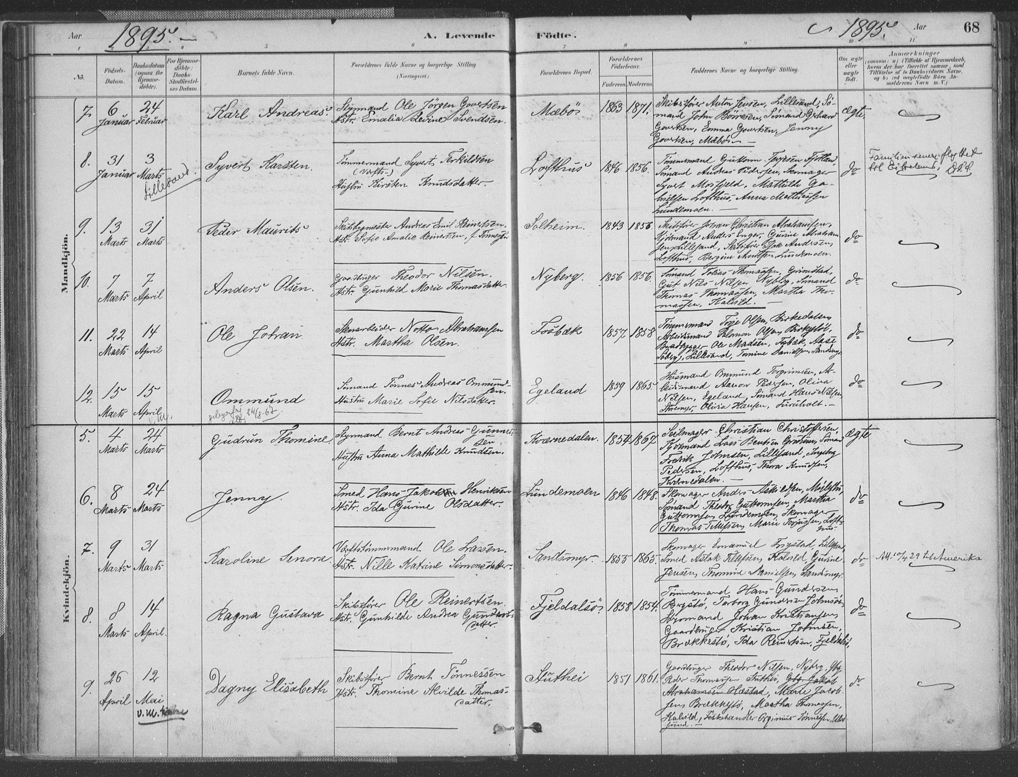 Vestre Moland sokneprestkontor, AV/SAK-1111-0046/F/Fa/Fab/L0009: Parish register (official) no. A 9, 1884-1899, p. 68