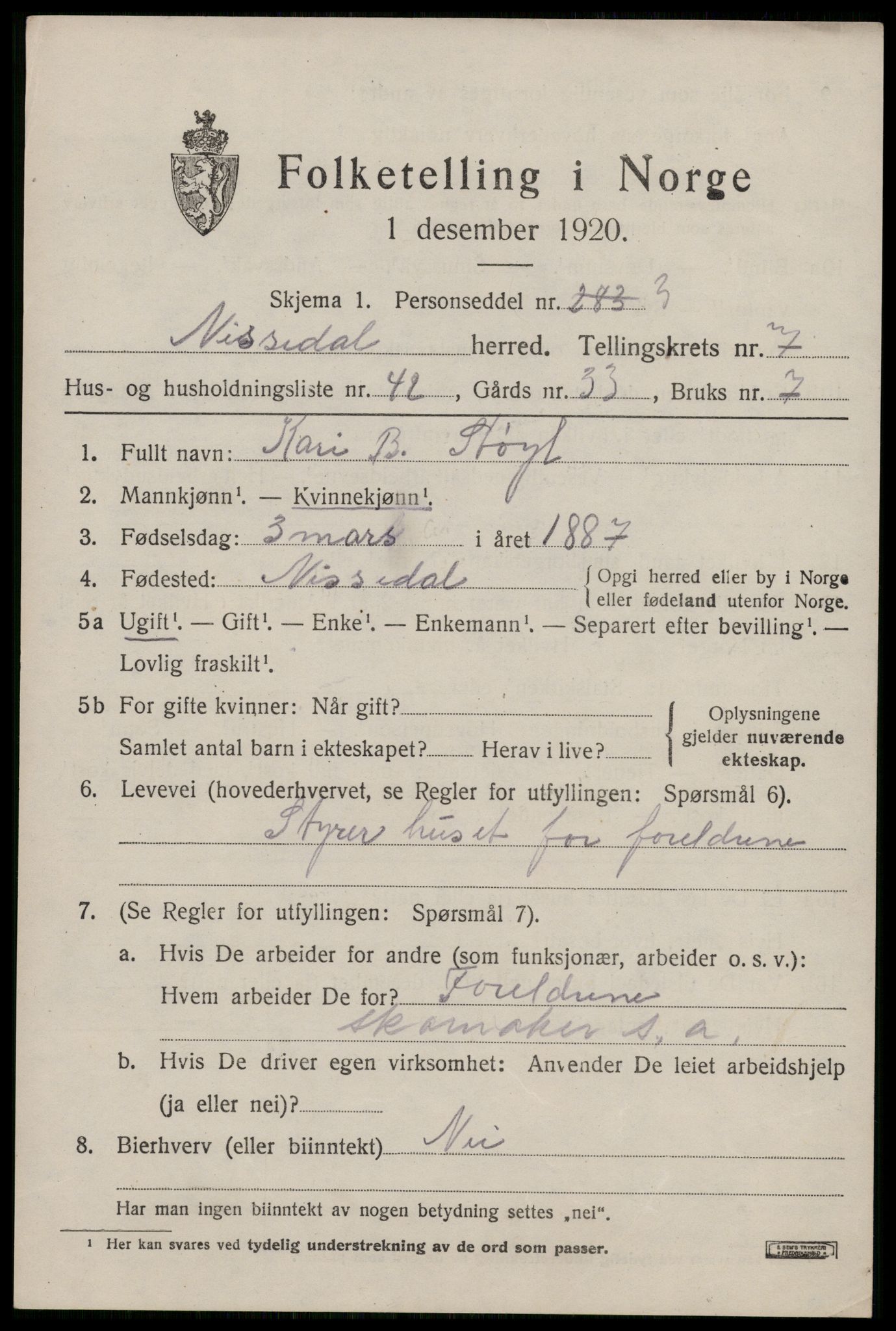 SAKO, 1920 census for Nissedal, 1920, p. 3037