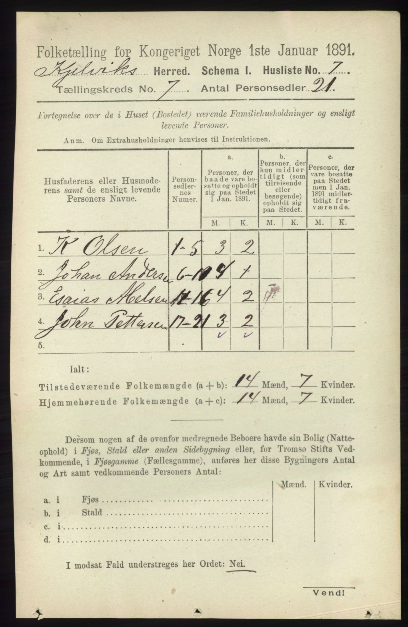 RA, 1891 census for 2019 Kjelvik, 1891, p. 852