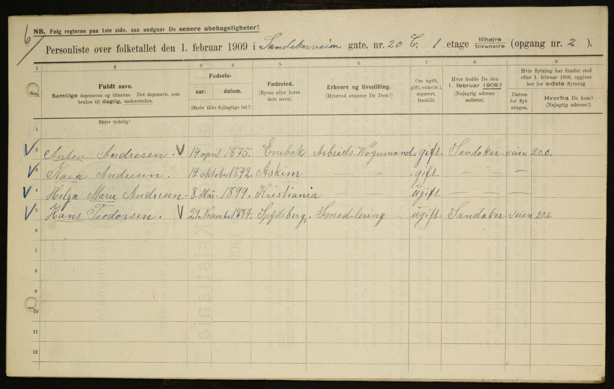 OBA, Municipal Census 1909 for Kristiania, 1909, p. 78931