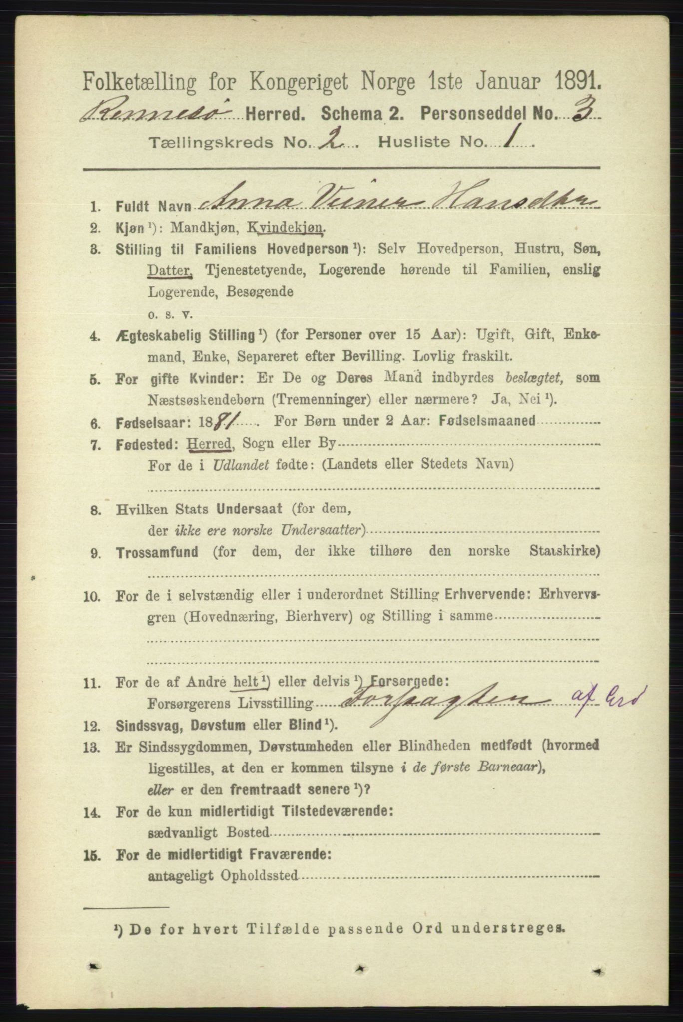 RA, 1891 census for 1142 Rennesøy, 1891, p. 457