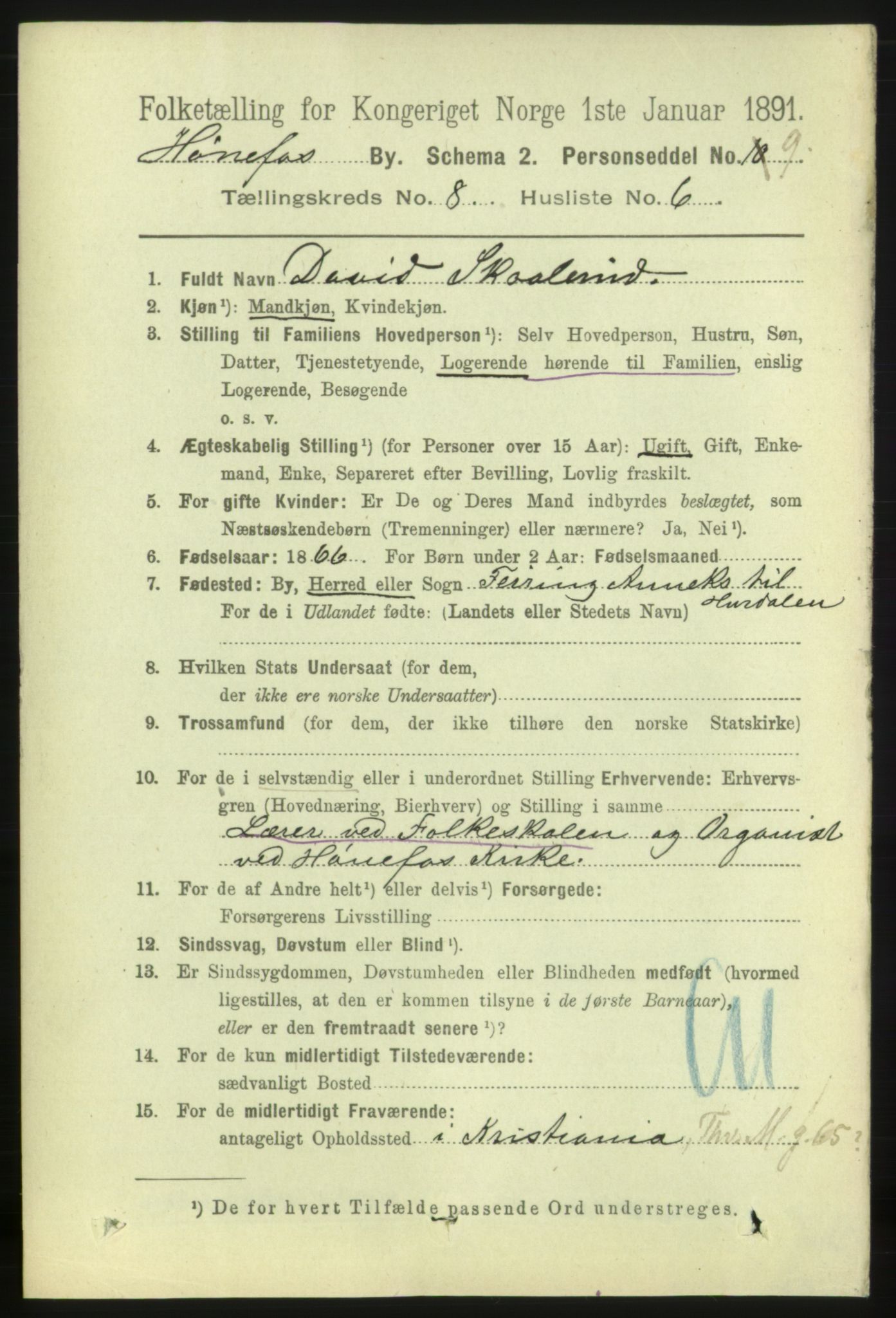 RA, 1891 census for 0601 Hønefoss, 1891, p. 1320