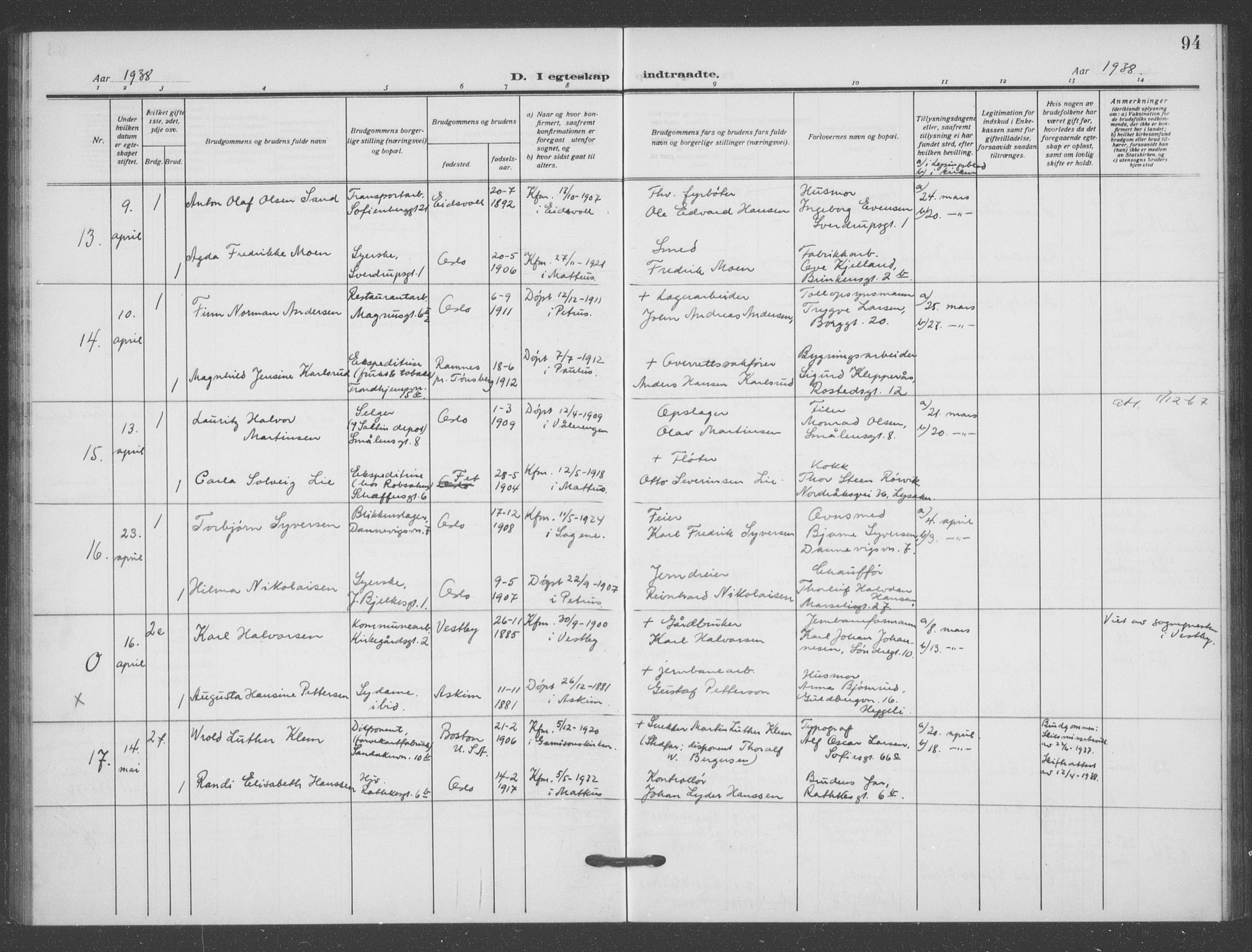 Matteus prestekontor Kirkebøker, AV/SAO-A-10870/F/Fa/L0003: Parish register (official) no. 3, 1917-1938, p. 94