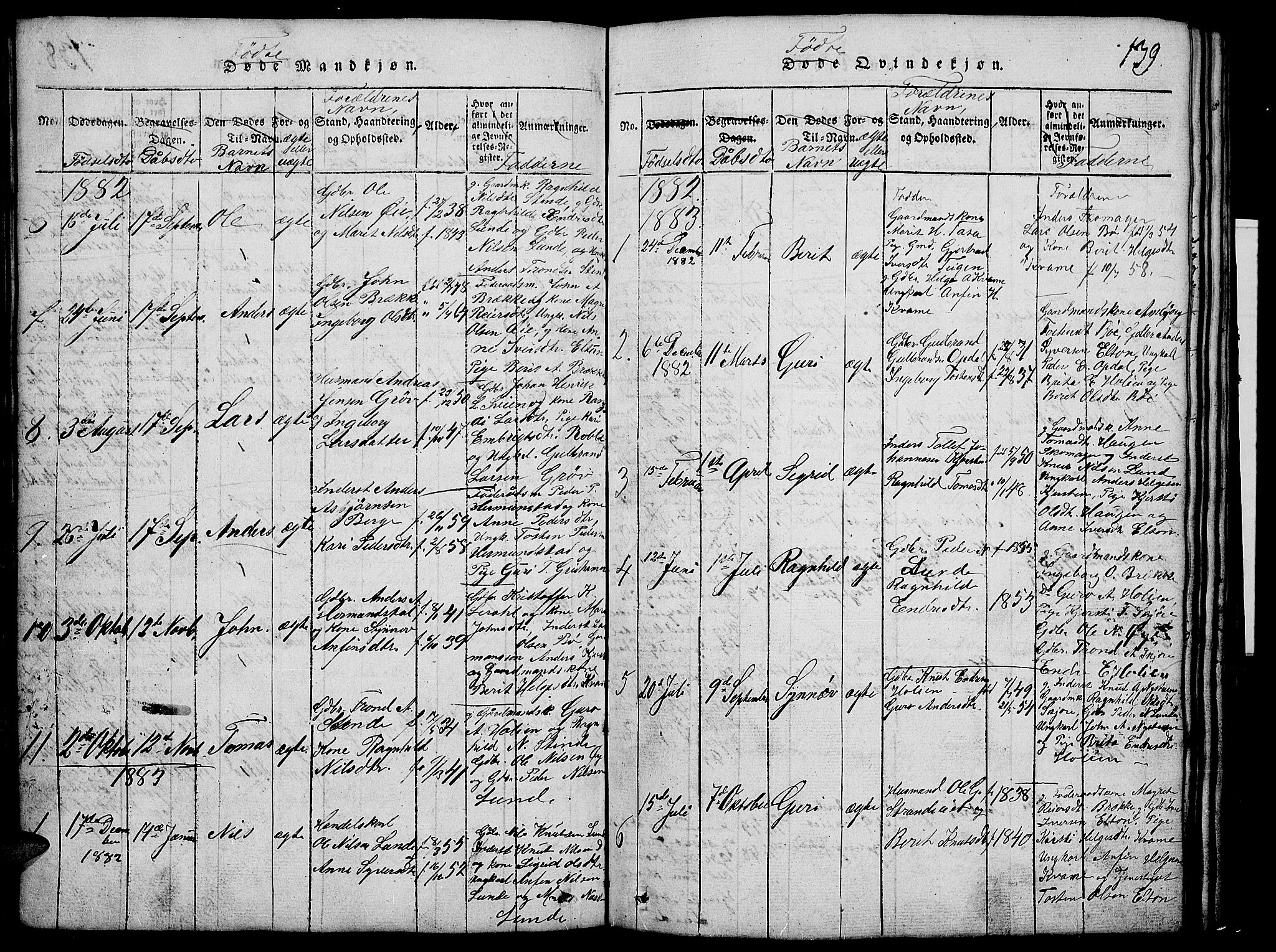 Vang prestekontor, Valdres, SAH/PREST-140/H/Hb/L0002: Parish register (copy) no. 2, 1814-1889, p. 139