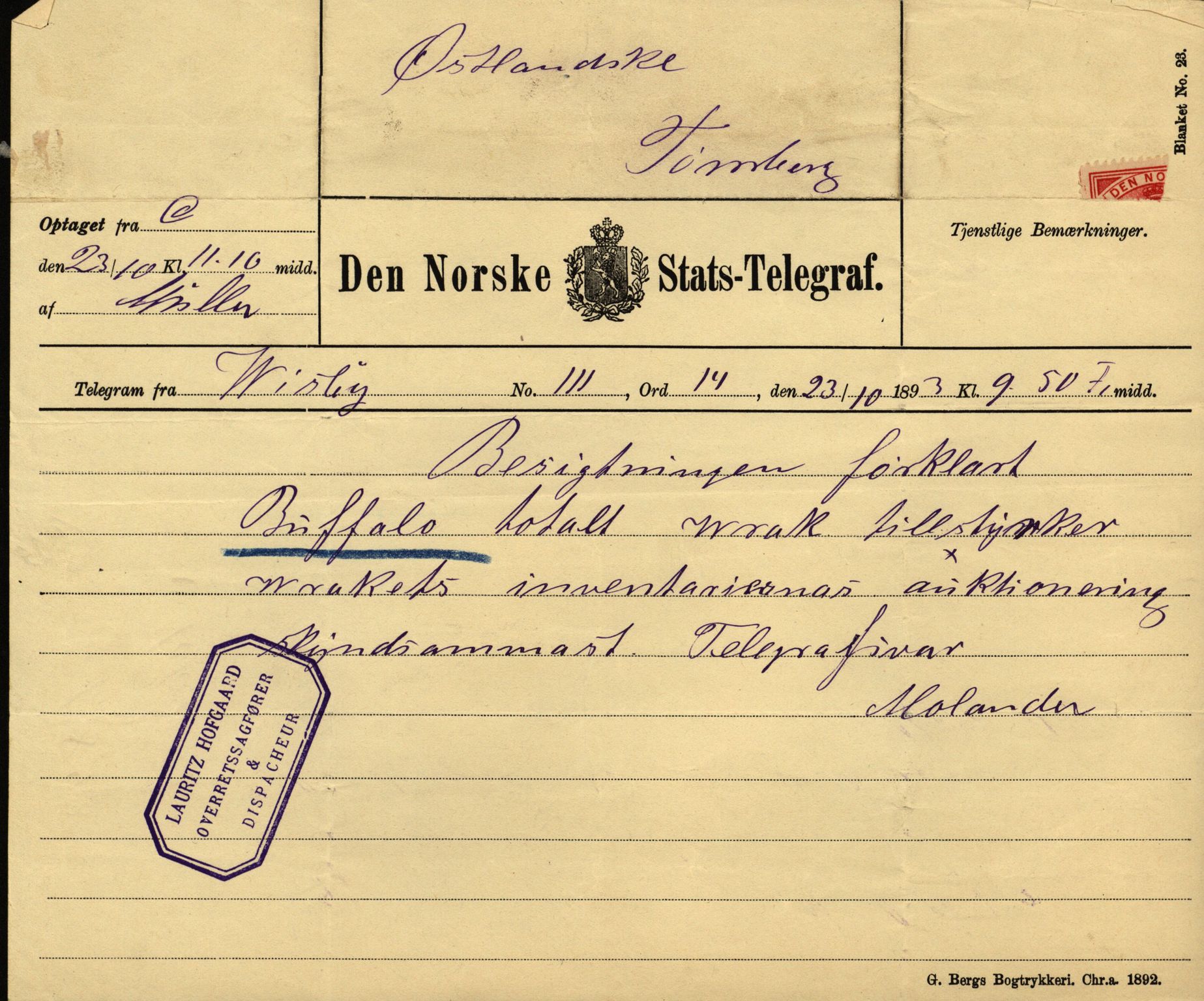 Pa 63 - Østlandske skibsassuranceforening, VEMU/A-1079/G/Ga/L0029/0009: Havaridokumenter / Anette, Agathe, Agra, Buffalo, 1893, p. 65