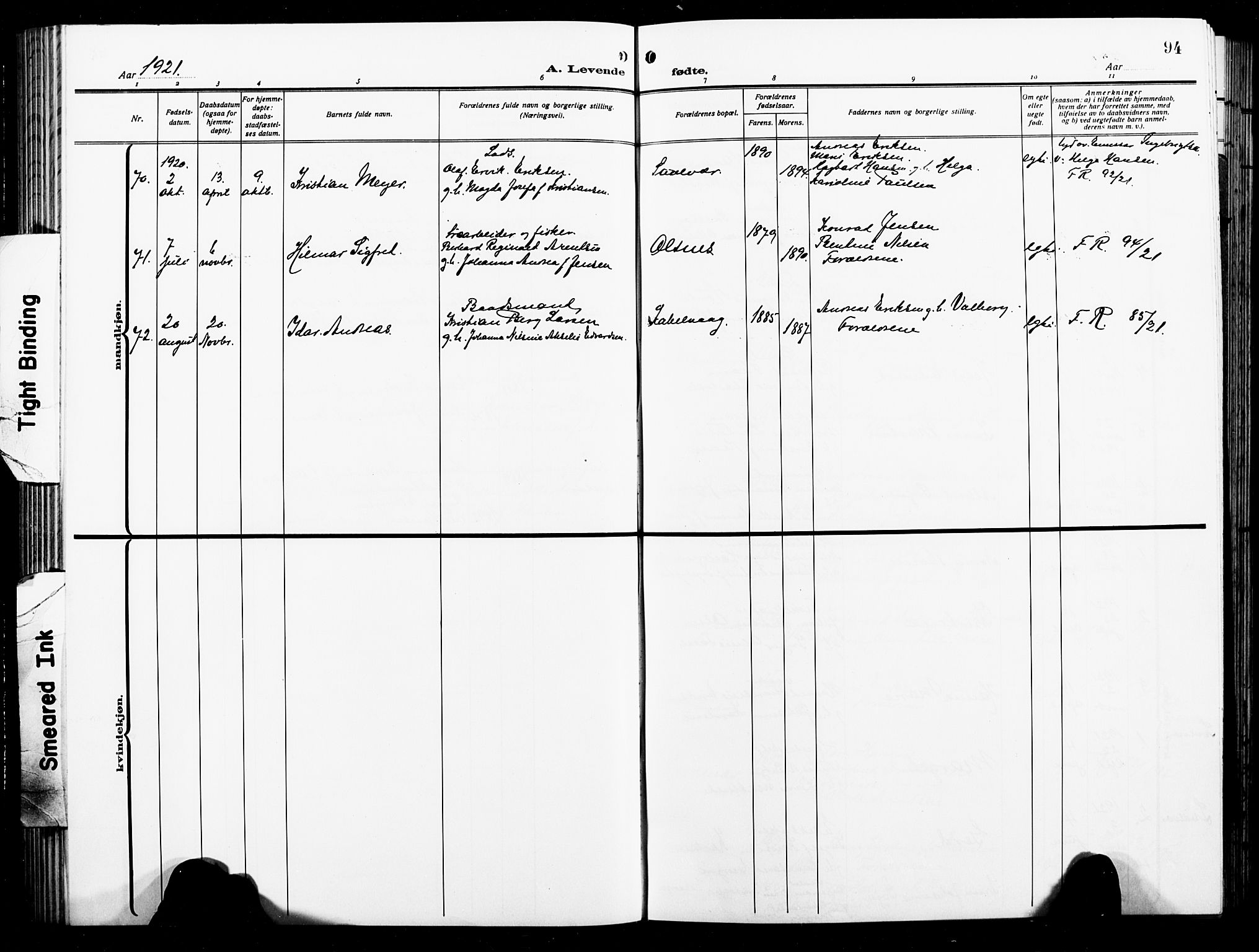 Ministerialprotokoller, klokkerbøker og fødselsregistre - Nordland, AV/SAT-A-1459/874/L1080: Parish register (copy) no. 874C09, 1915-1925, p. 94