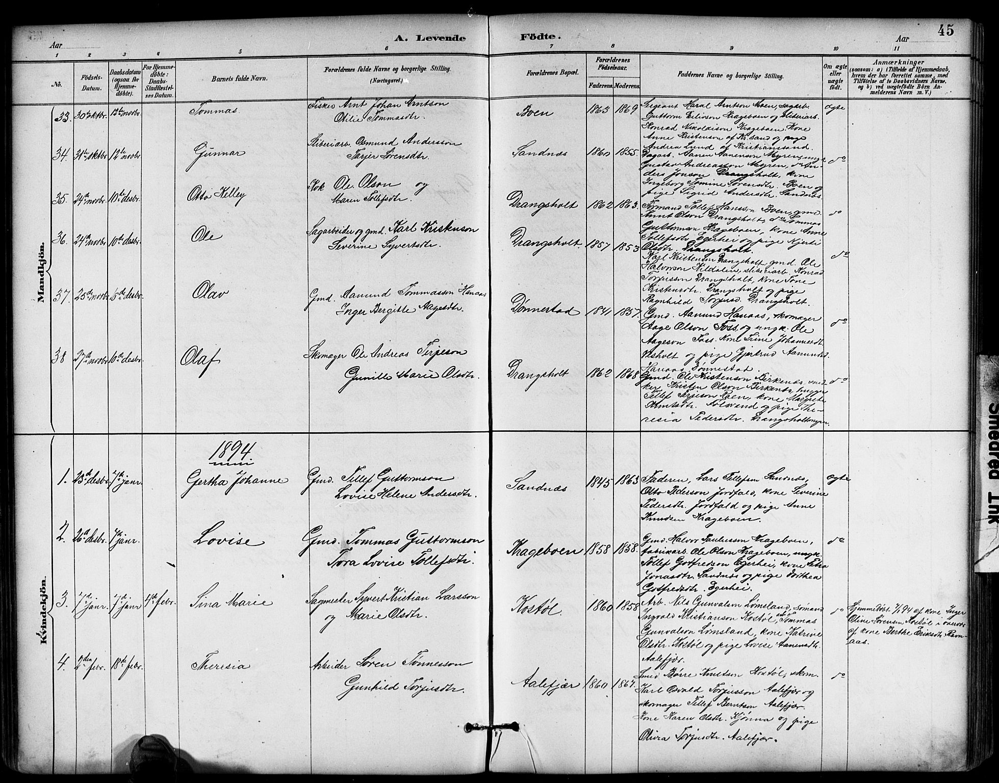 Tveit sokneprestkontor, AV/SAK-1111-0043/F/Fb/L0004: Parish register (copy) no. B 4, 1887-1914, p. 45