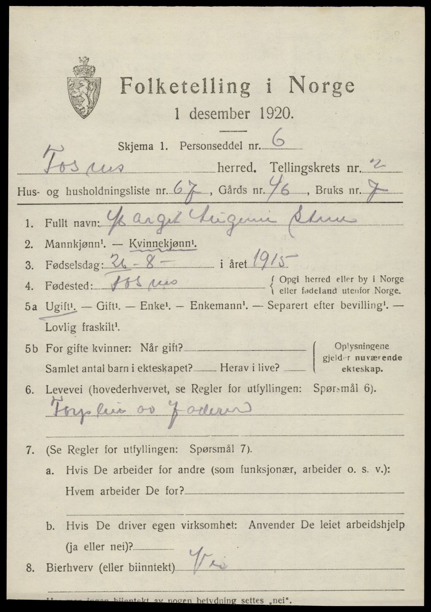 SAT, 1920 census for Fosnes, 1920, p. 1475