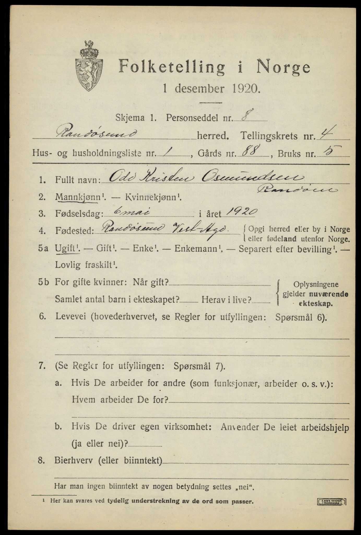 SAK, 1920 census for Randesund, 1920, p. 1794