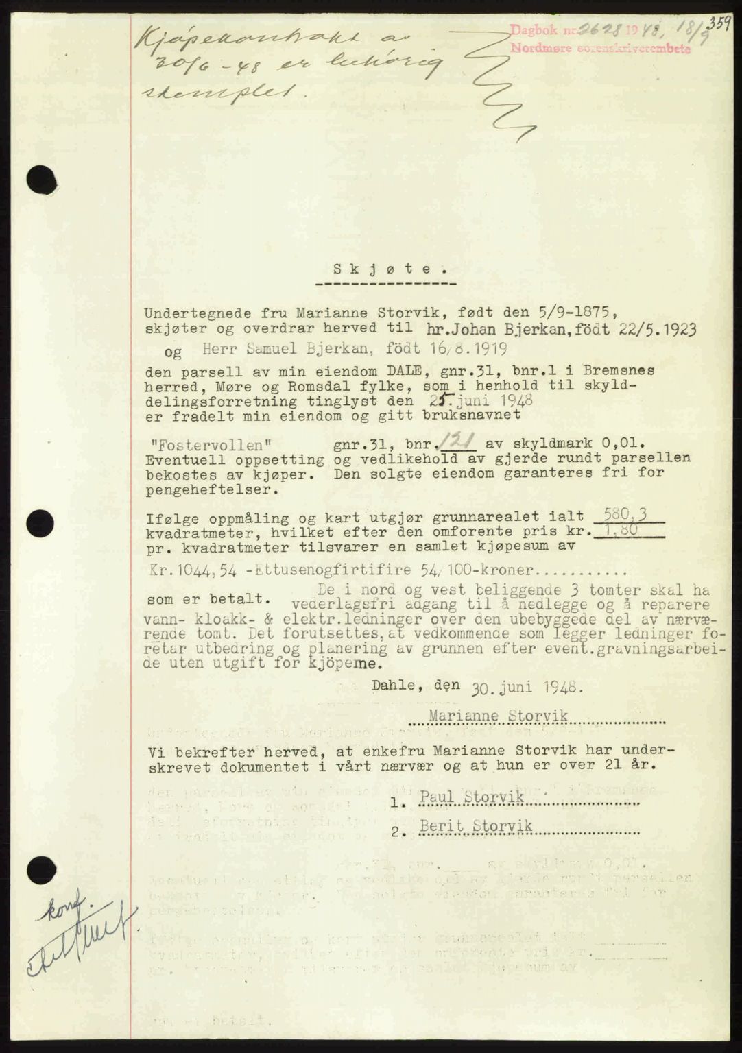 Nordmøre sorenskriveri, AV/SAT-A-4132/1/2/2Ca: Mortgage book no. A109, 1948-1948, Diary no: : 2628/1948