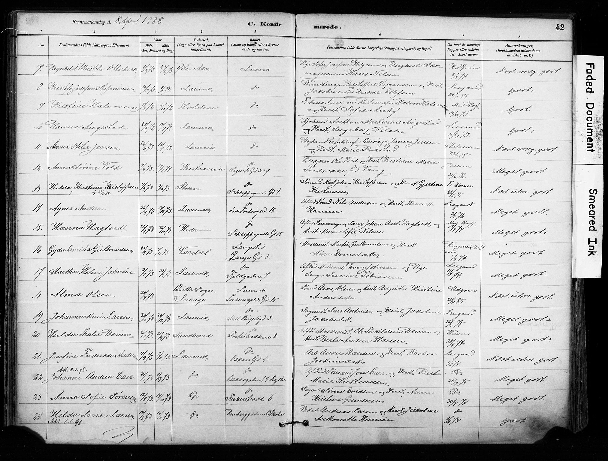 Larvik kirkebøker, AV/SAKO-A-352/F/Fa/L0008: Parish register (official) no. I 8, 1884-1902, p. 42