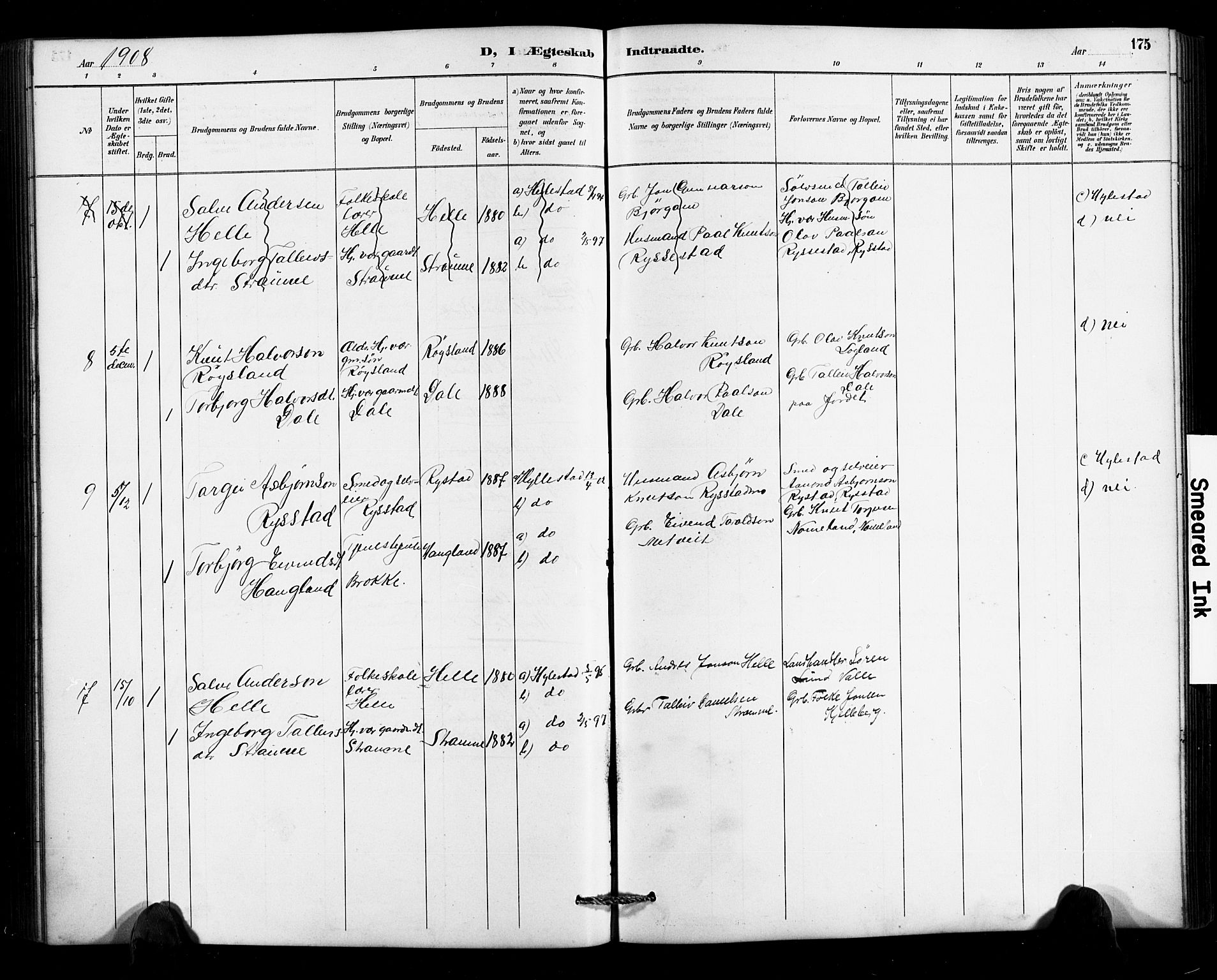 Valle sokneprestkontor, SAK/1111-0044/F/Fb/Fbc/L0004: Parish register (copy) no. B 4, 1890-1928, p. 175