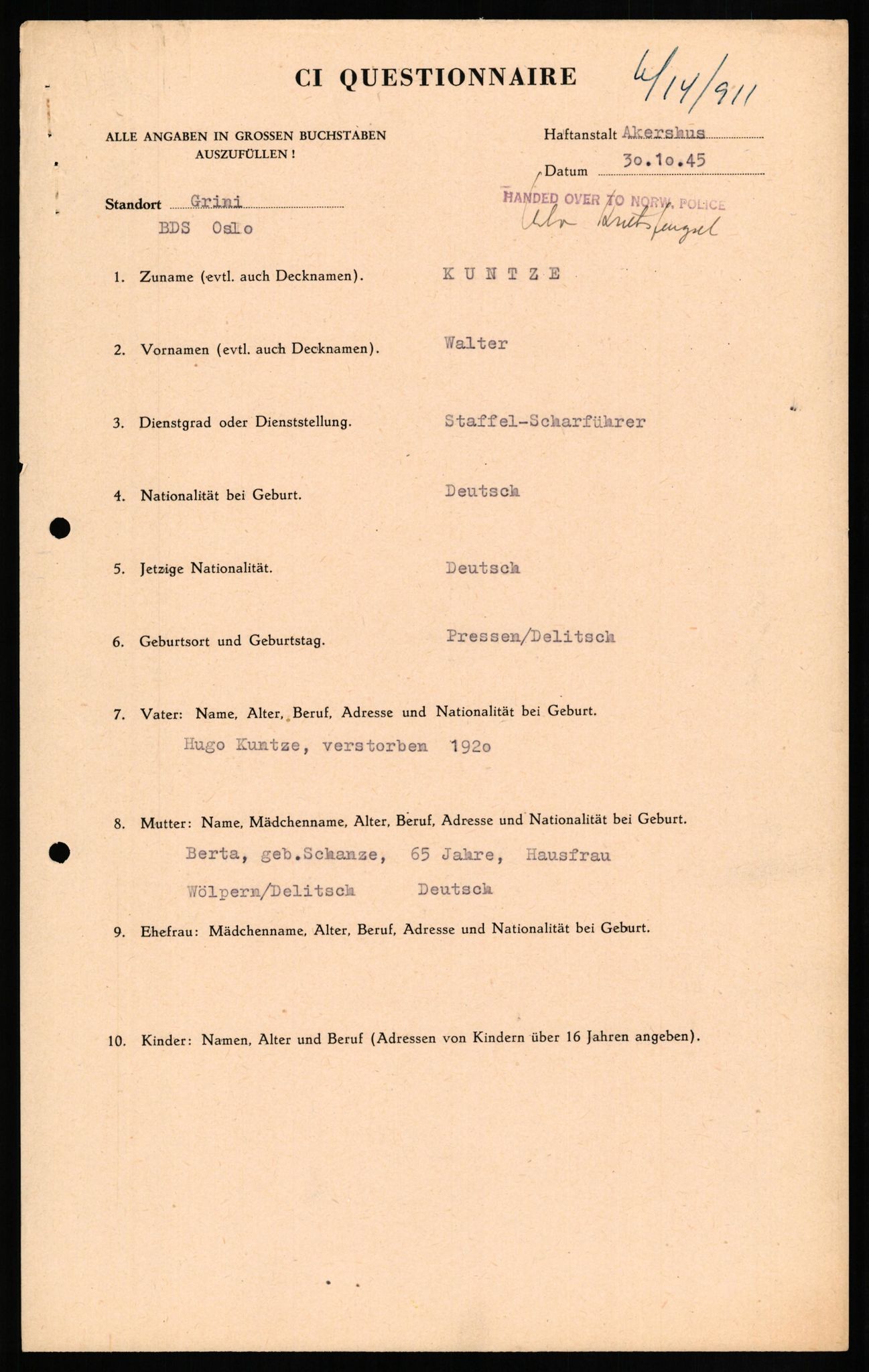 Forsvaret, Forsvarets overkommando II, AV/RA-RAFA-3915/D/Db/L0018: CI Questionaires. Tyske okkupasjonsstyrker i Norge. Tyskere., 1945-1946, p. 487