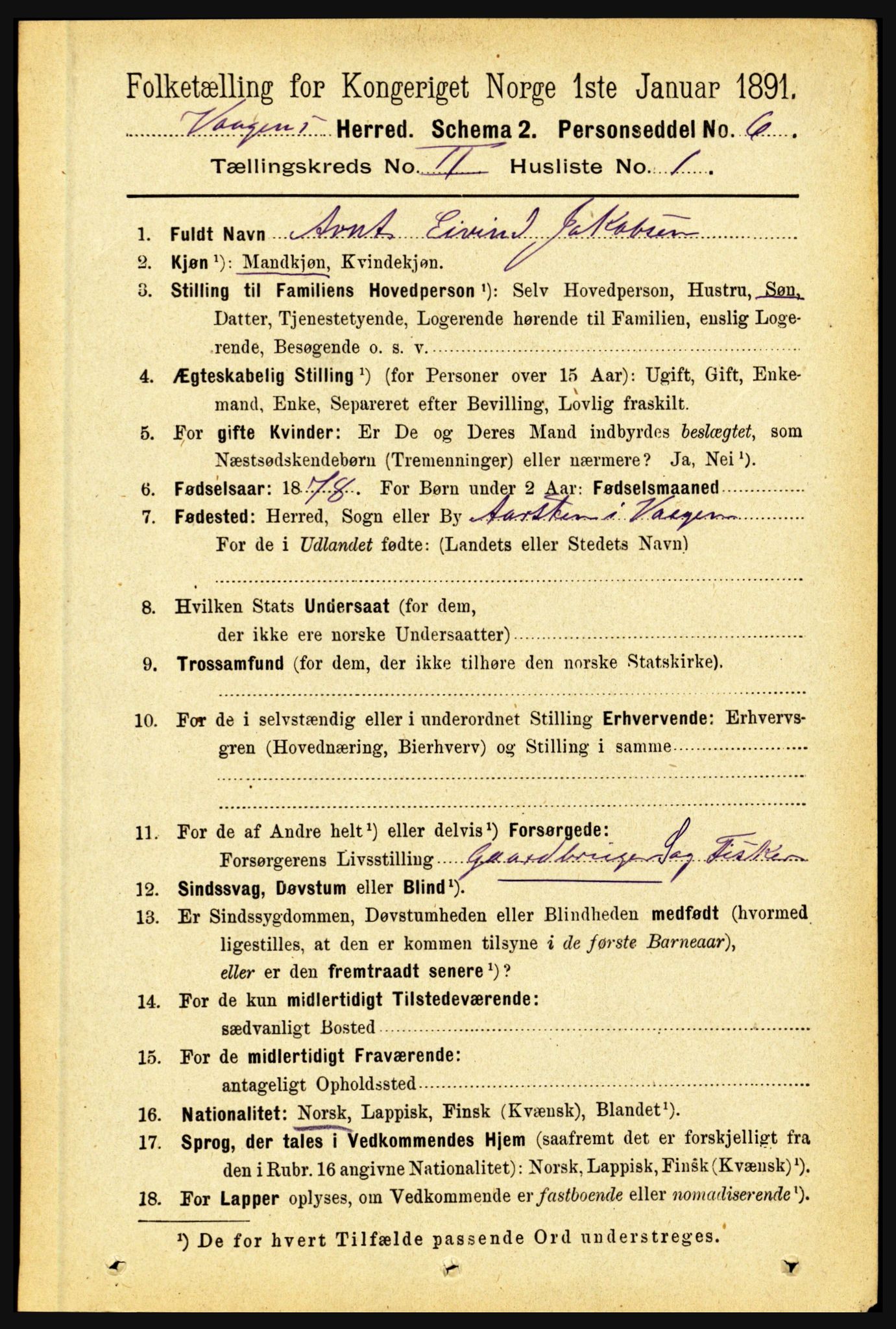 RA, 1891 census for 1865 Vågan, 1891, p. 421