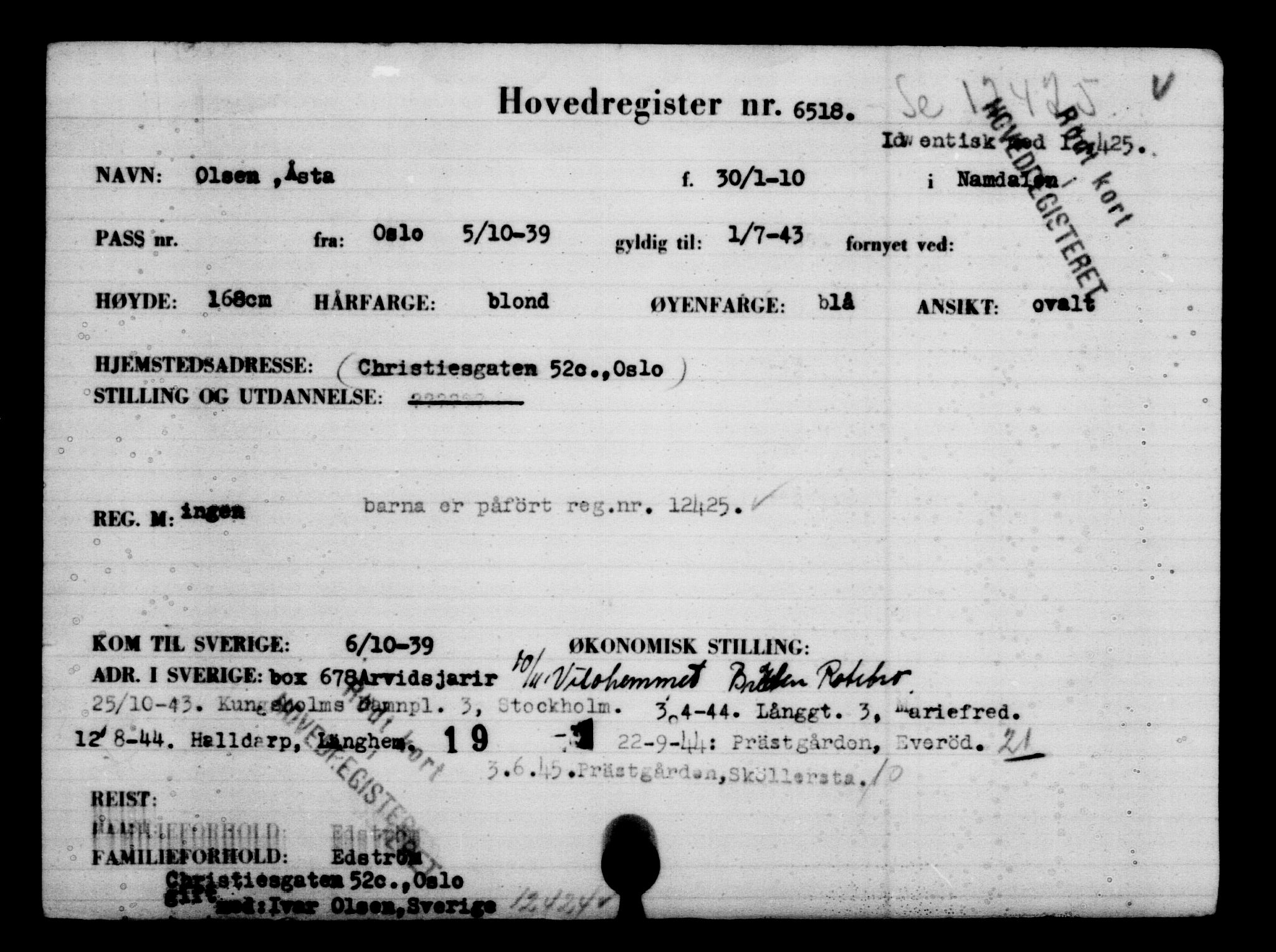 Den Kgl. Norske Legasjons Flyktningskontor, AV/RA-S-6753/V/Va/L0004: Kjesäterkartoteket.  Flyktningenr. 3496-6610, 1940-1945, p. 3576