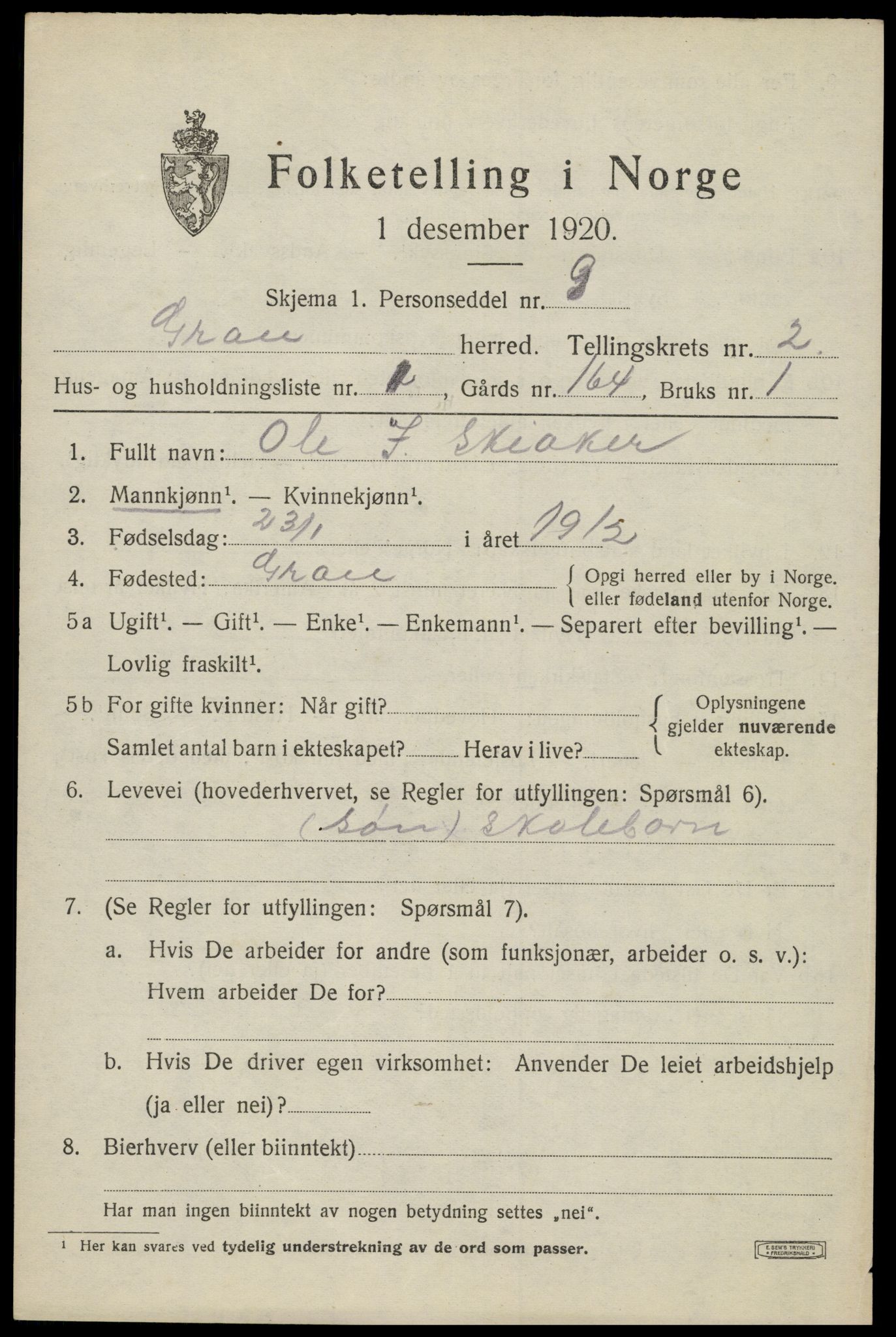 SAH, 1920 census for Gran, 1920, p. 3165