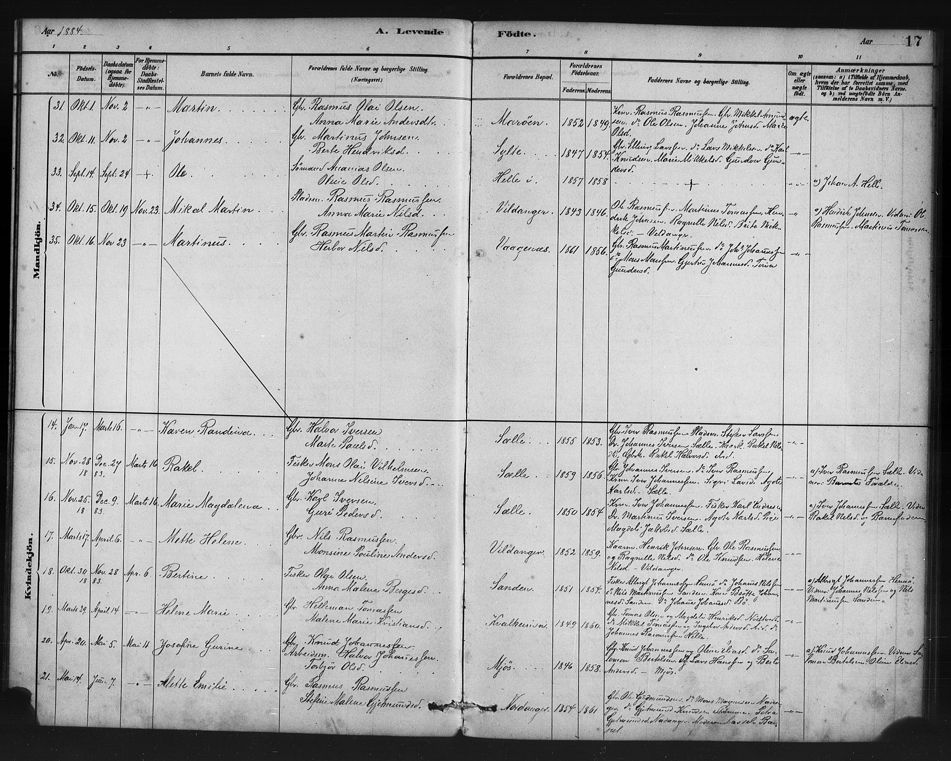 Manger sokneprestembete, AV/SAB-A-76801/H/Haa: Parish register (official) no. C 1, 1881-1890, p. 17